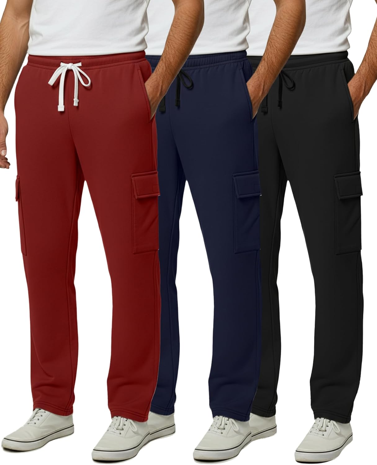 Real Essentials 3 Pack: Men's Tech Fleece Open Bottom Cargo Sweatpants with Pockets (Available in Big & Tall)