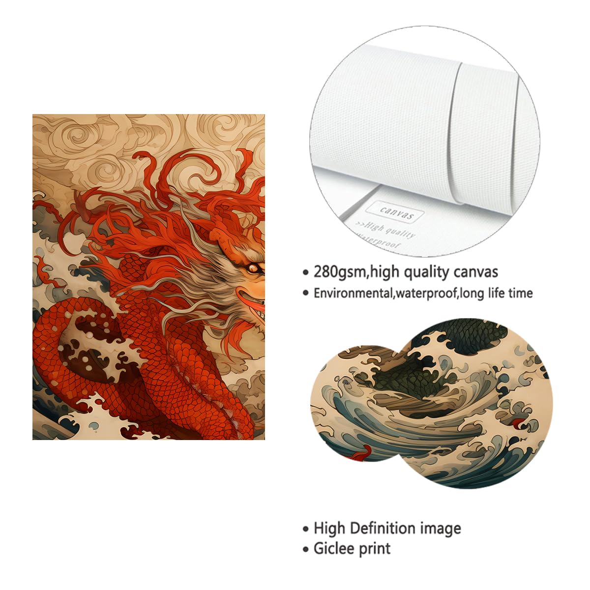 Via Vela Fresques de style asiatique traditionnel affiches imprimées dragon et vagues abstraites sur toile art mural rétro pour la décoration hôtelière 90x120cm