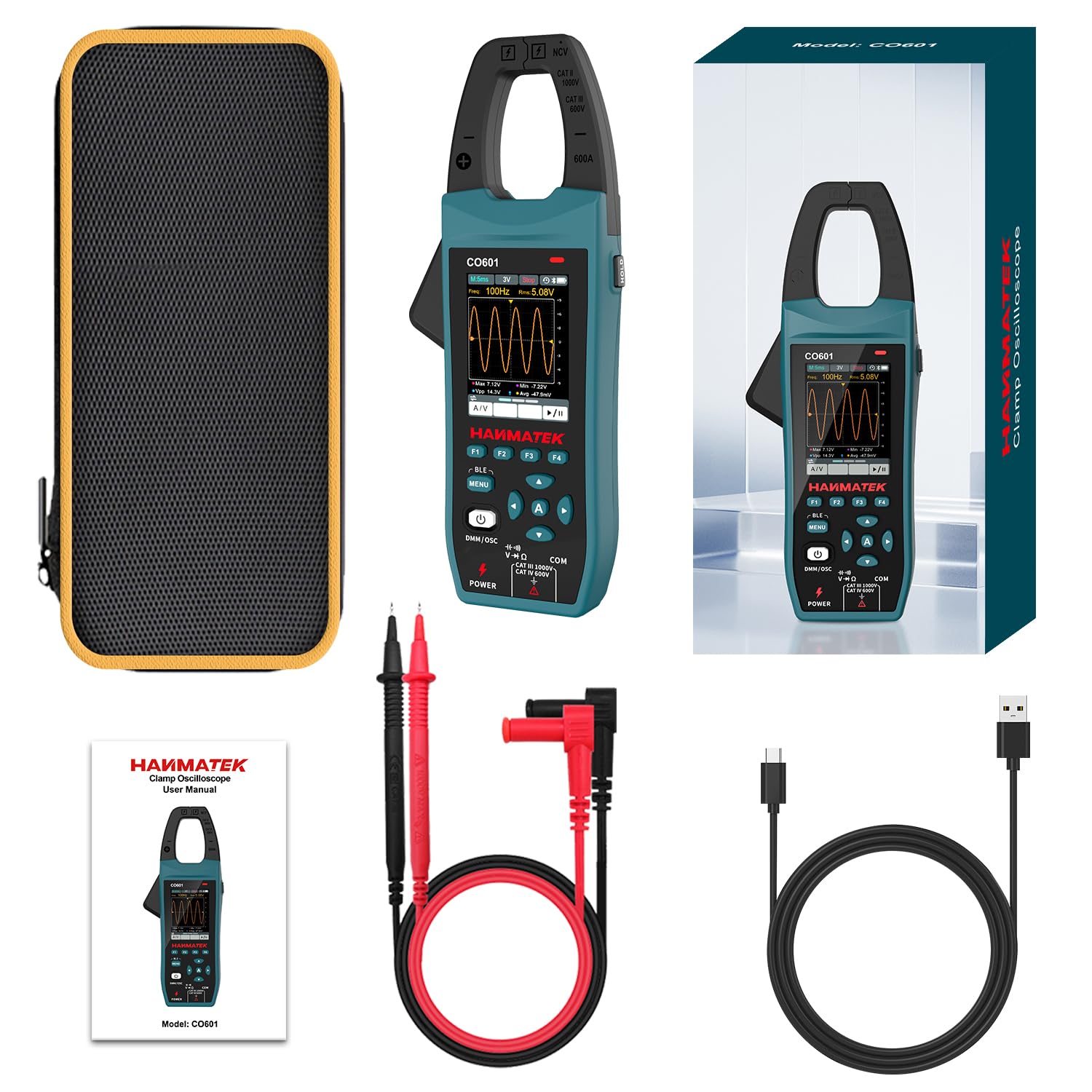 HANMATEK Multimetro con Oscilloscopio 2 in 1, Pinza Amperometrica Professionale, 5 MSa/s, Banda 1MHz, NCV, Bluetooth, Display TFT da 2,8", 600A/1000V, CO601