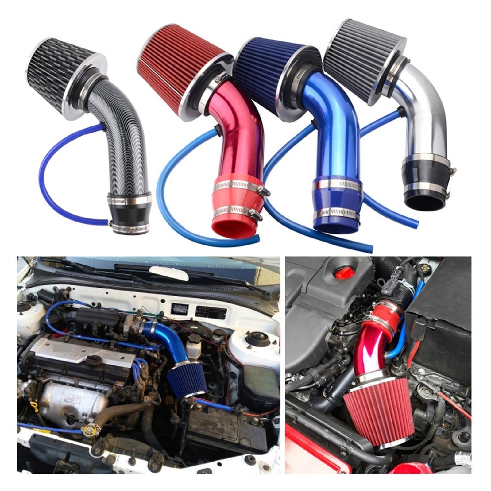 3 "76mm Universal Car Racing układ dolotowy zimnego powietrza Turbo zestaw rur indukcyjnych aluminium ze stożkowym wlotem filtra powietrza (Color : Blue)