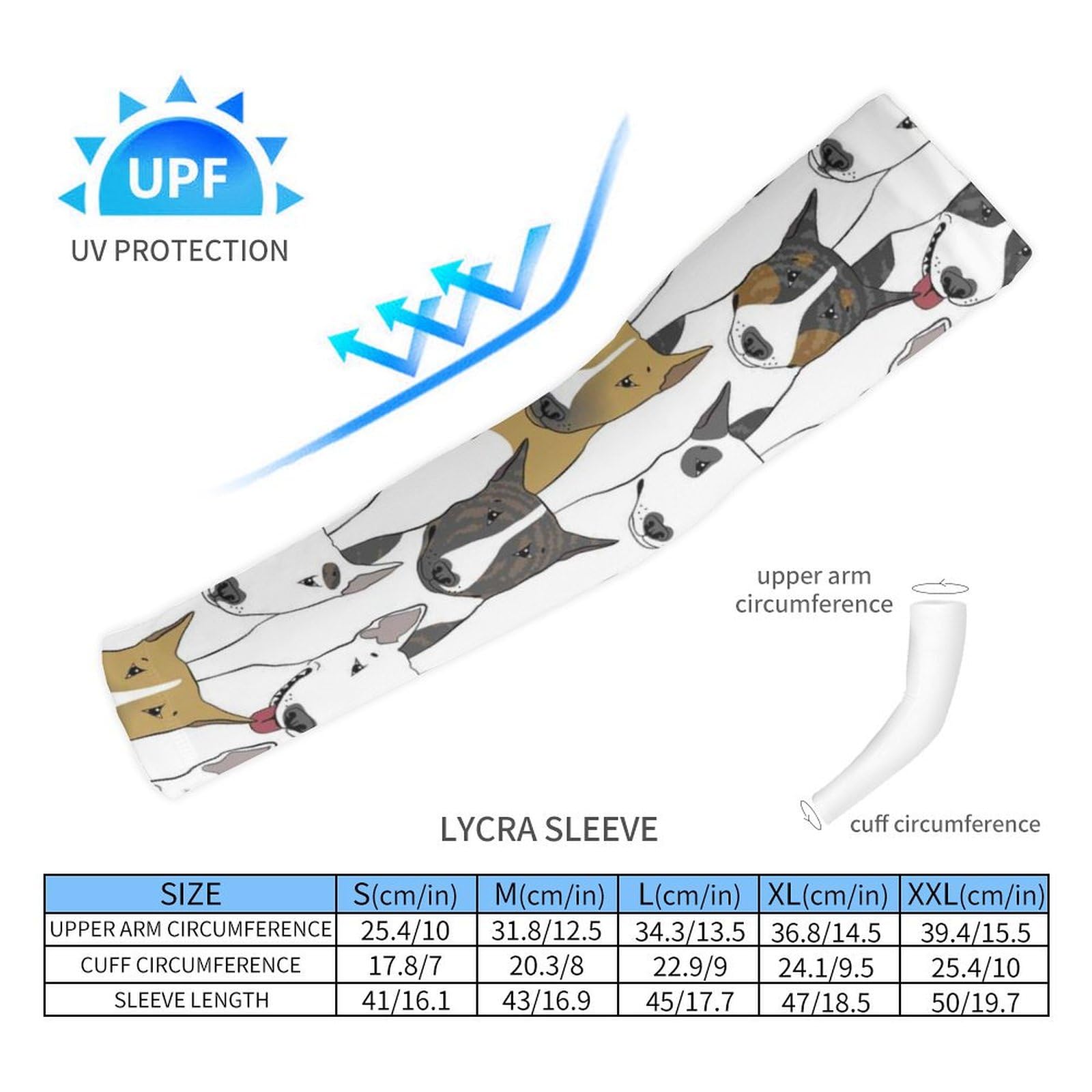 Xmkltbz 1 Pair Cooling Arm Sleeves, Unisex Warmer Spandex Sports Cover Uv Sun Protection for Cycling Golf Running S Print Bull Terrier Brown White Black Seamless Dog Heads Faces Texture