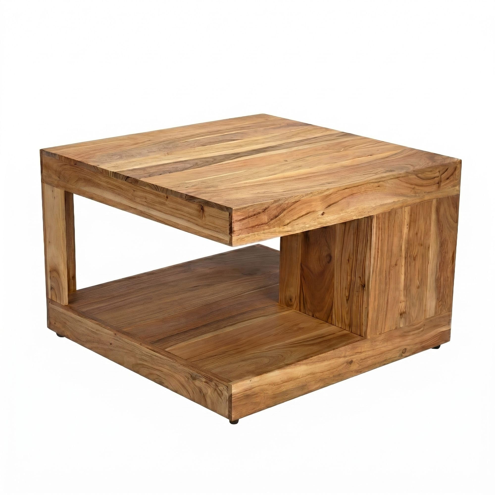 FineBuy Mesa de centro de madera maciza de acacia, 60 cm, mesa cuadrada para salón con compartimento, mesa de sofá de diseño, mesa de salón abierta, mesa auxiliar natural hecha a mano