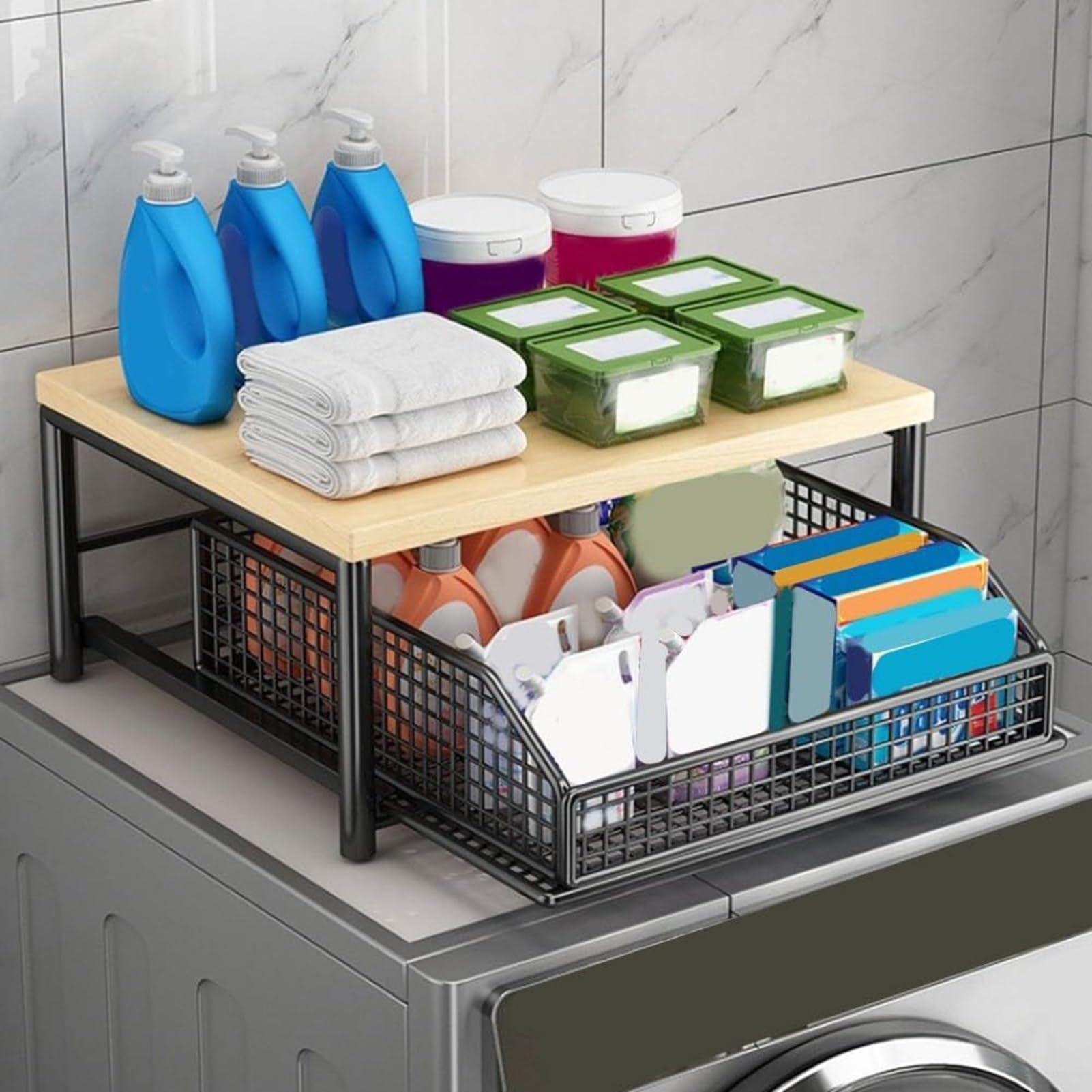 Étagère de rangement de cuisine – Support vertical à 2 niveaux pour légumes et fruits avec tiroirs pour casseroles, poêles, micro-ondes, assaisonnements, ustensiles | Idéal pour la cuisine, le