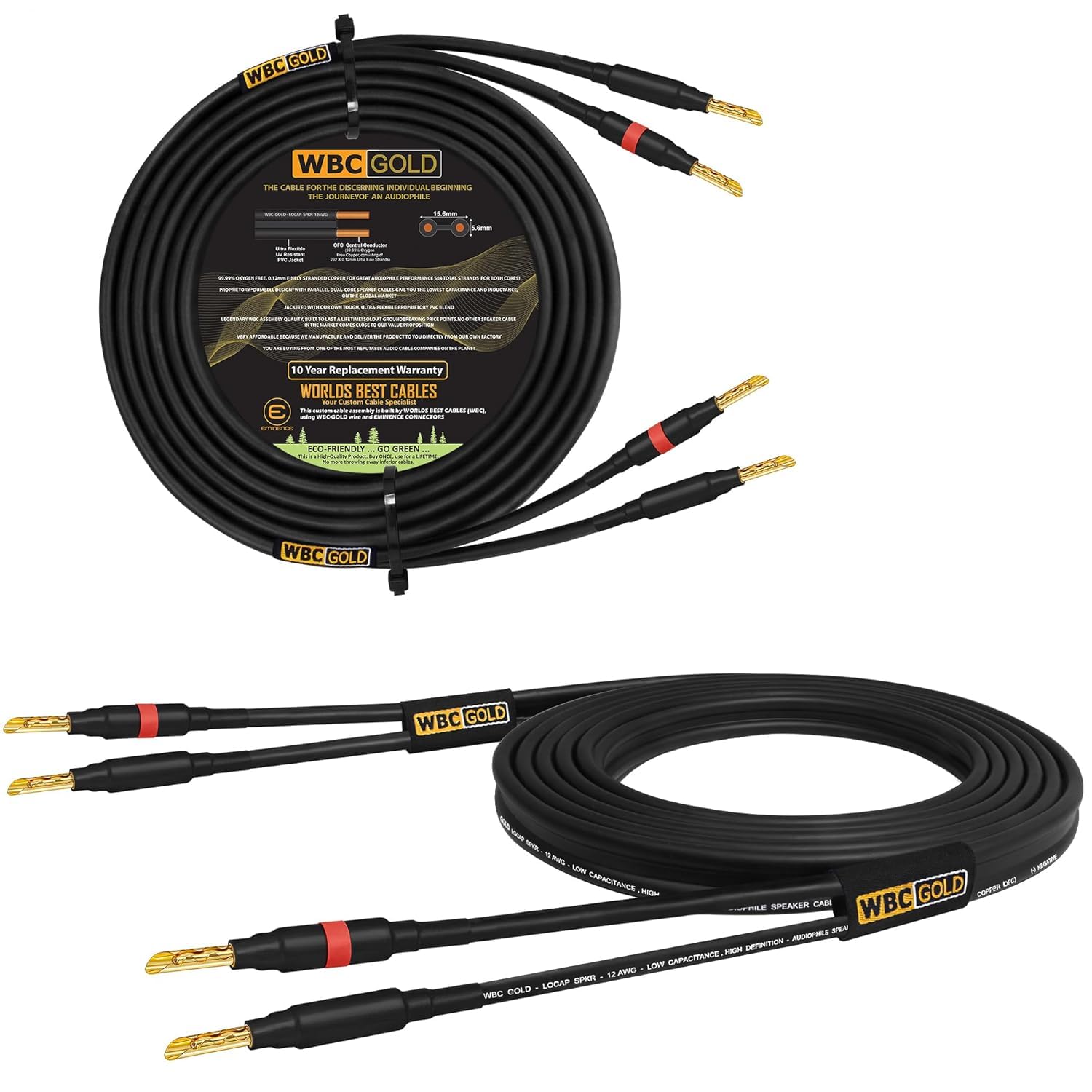 WORLDS BEST CABLES WBC-GOLD-LOCAP-SPKR-12 AWG, baja capacitancia, baja inductancia, OFC de alta pureza, par de cables para altavoces audiófilos de alta fidelidad con conectores banana Eminence Gold