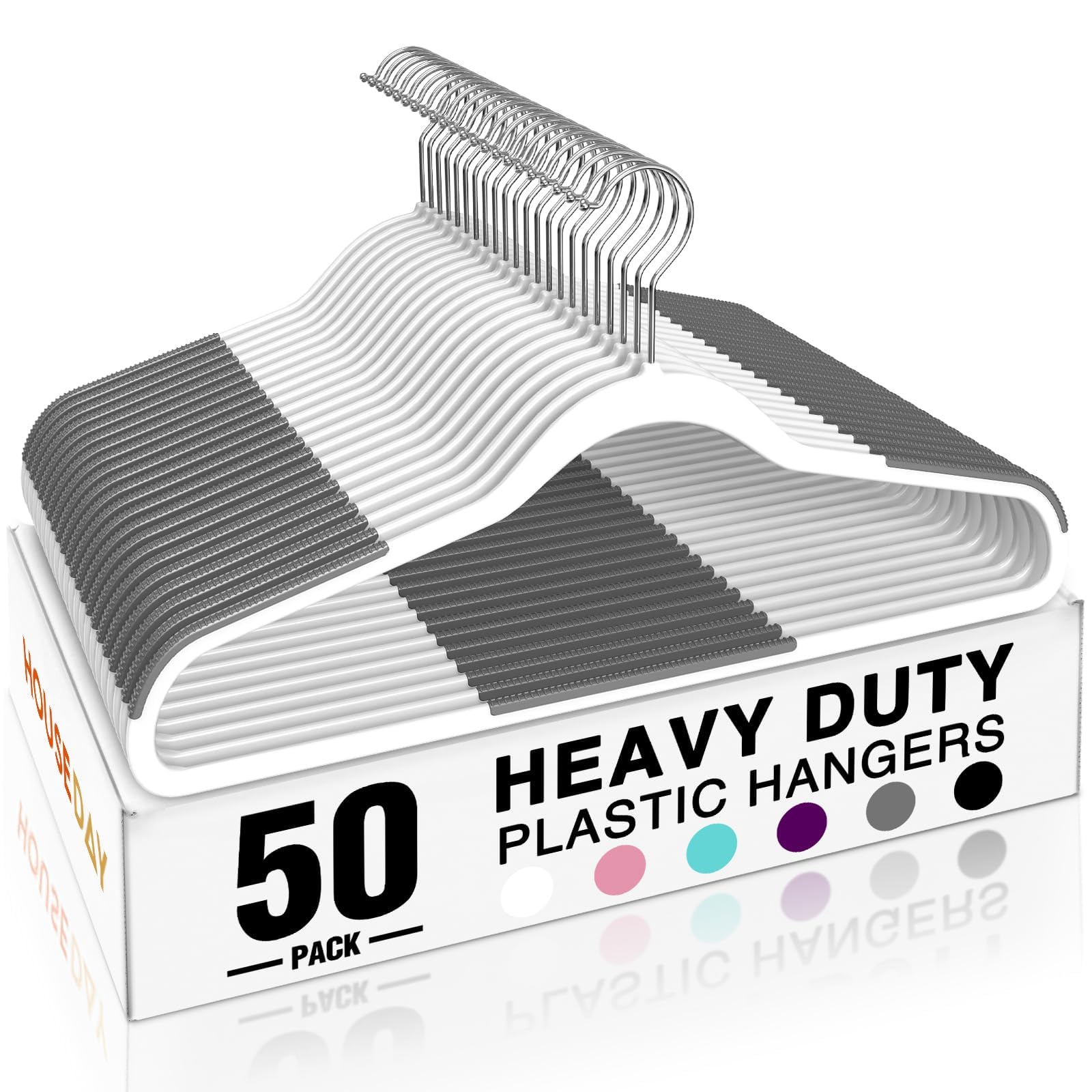 HOUSE DAY Grucce in plastica resistente, confezione da 50 grucce antiscivolo con impugnatura in gomma e gancio a 360°, in plastica sottile, salvaspazio, colore bianco, organizer per armadio, per