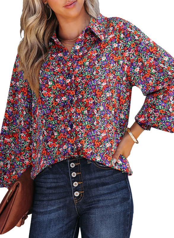 Dokotoo Women’s Casual V Neck Allover Floral Print Long Sleeve Chiffon Button Down Blouses Bohemian Top Shirts