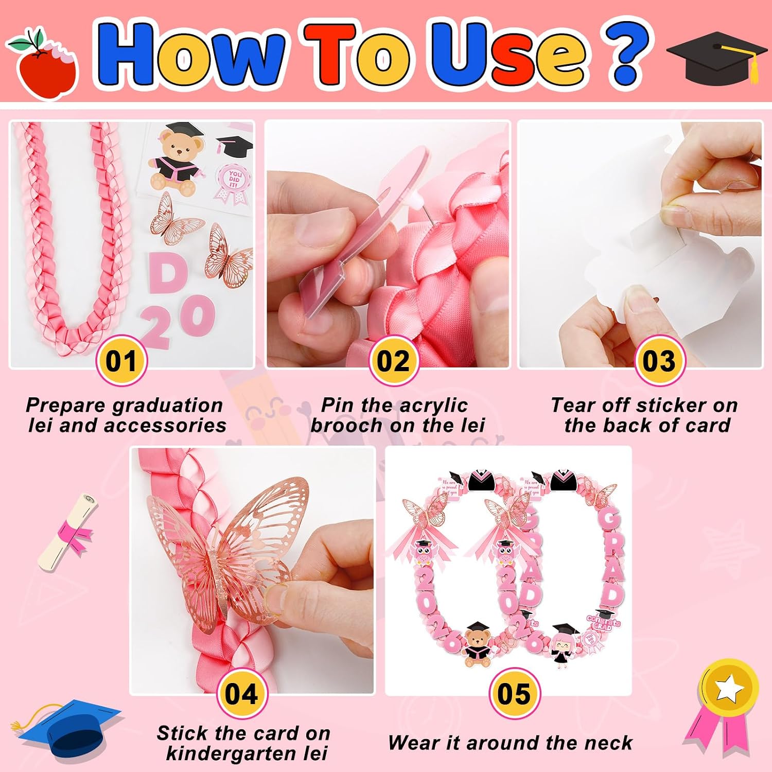 DECYOOL Kindergarten Preschool Graduation Leis for Kids Class of 2026 | Pink Double Braided Satin Ribbon 47.2 Inch Leis for Kids Graduation with Acrylic Brooches Card for Kindergarten Graduate Boys