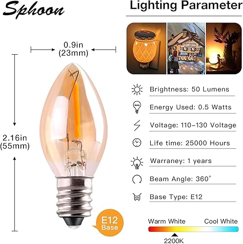 Miniatura 10 de Bombilla LED C7, bombillas de vela de 0.5 W, brillo ámbar, reemplazo incandescente de 5 W, base de candelabro E12, bombilla de noche de filamento