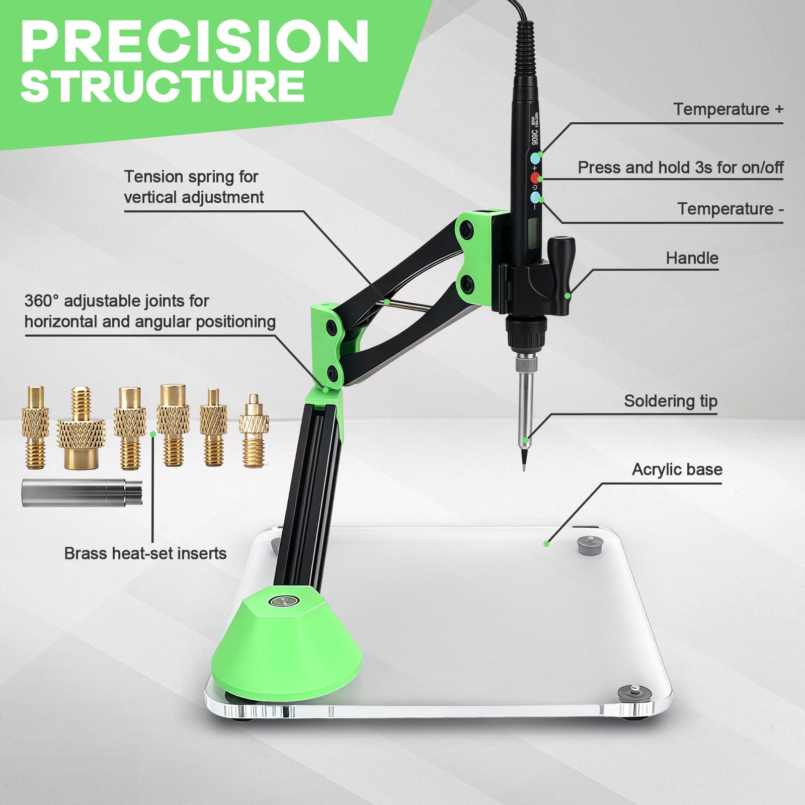 Pressa Verticale per Inserti Filettati Heat Set per Stampa 3D, Strumento per Inserimento Inserti in Ottone M2/M3/M4/M5/M6/M8 con Saldatore Regolabile (Su/Giù/Sinistra/Destra)