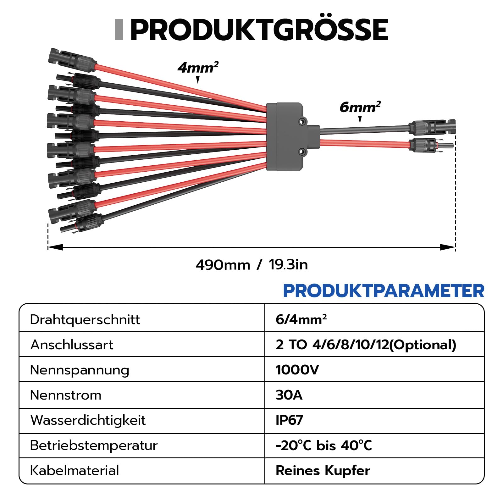 1 par de cables solares y distribuidores, 2 a 12 divisores de panel solar y conector Y, conector fotovoltaico de 30 A 1000 V, conector macho hembra MMF y FFM para instalación solar