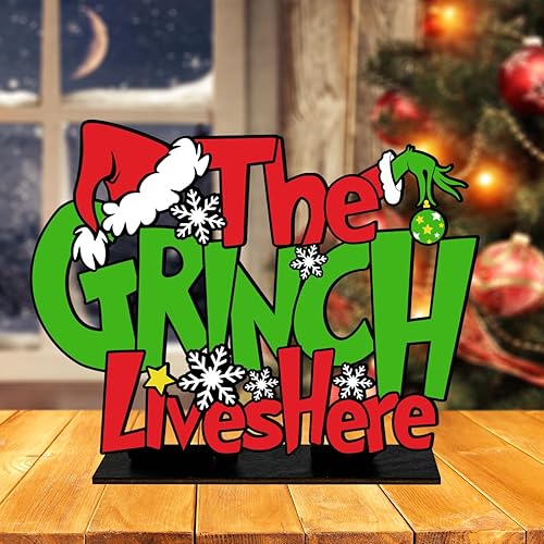 Miniatura 2 de Decoración de mesa de Navidad, centro de mesa de madera Grinchmas Lives Here, letrero para decoración de fiesta de Navidad