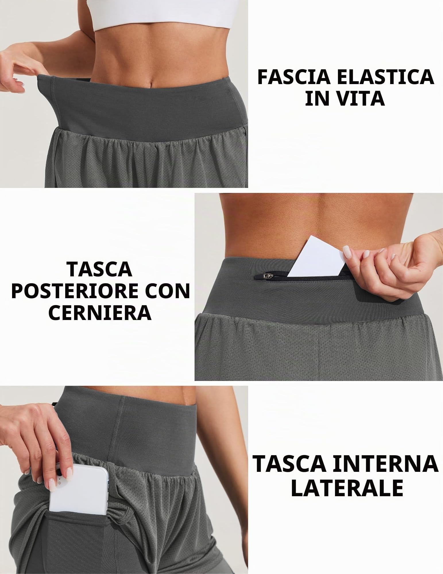 PINSPARK Pantaloncini sportivi da donna, a vita alta, 2 in 1, con tasca, ad asciugatura rapida, per fitness, yoga, sport, jogging, allenamento