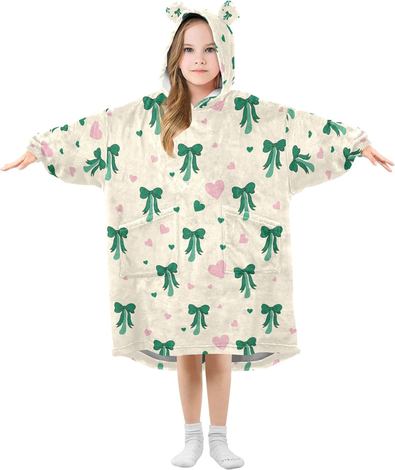 Green Bows Kids Wearable Blanket Hoodie with Pocket and Sleeves for Toddlers, Cute Hoodies 3-14 Year Girls Boys