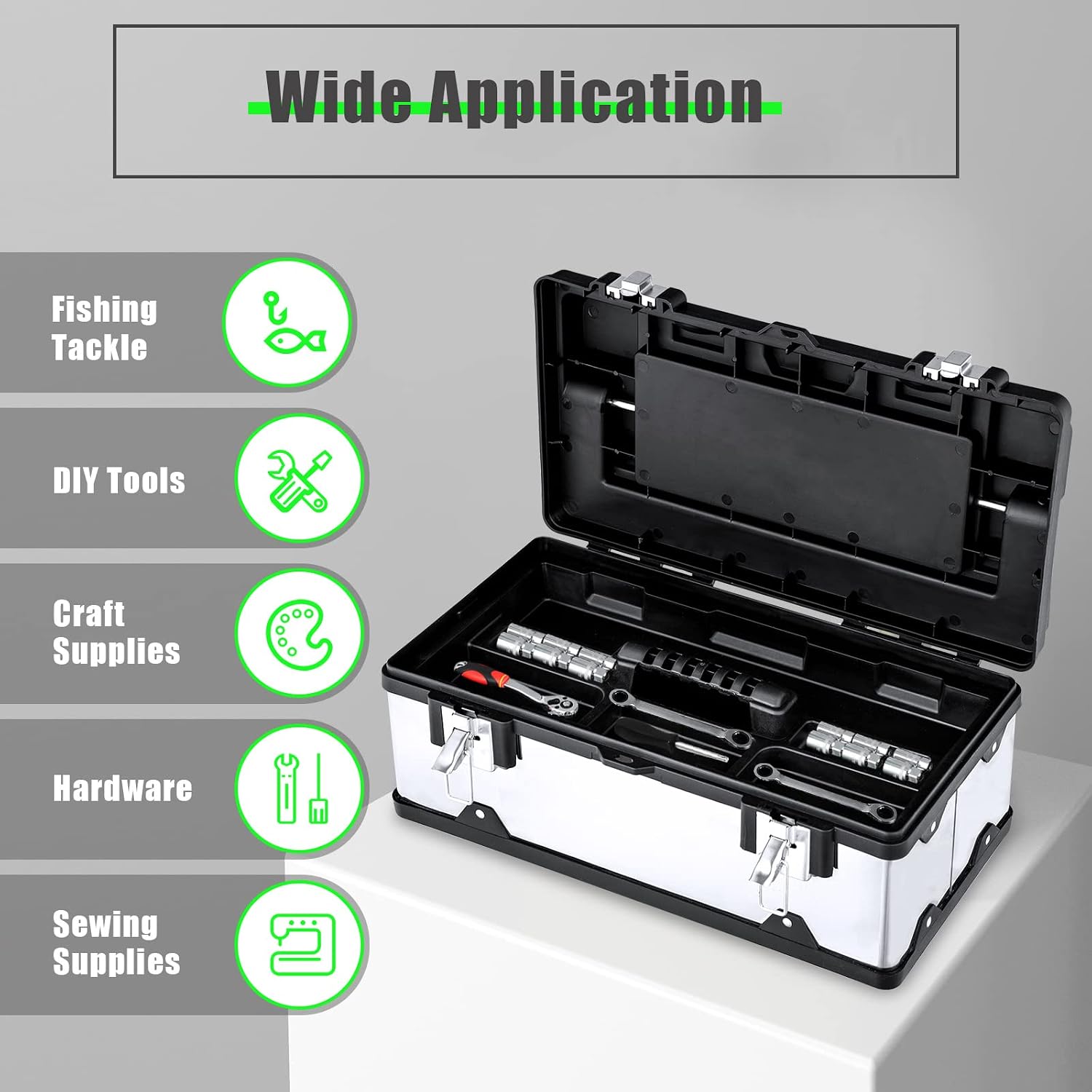 Nightcore 17-Inch Tool Box, Lockable Hardware Organizer with Removable Trays, Storage Toolbox with Handle and Latches for Craft, Household