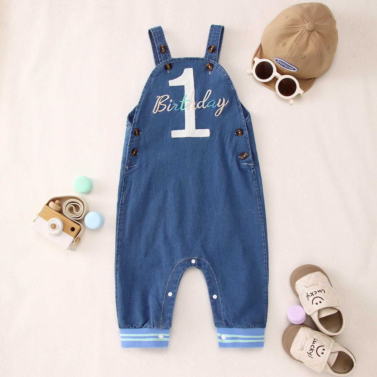 BOUTIKOME Jungen 1. Geburtstag Outfit Baby Junge Overall Set Neugeborenen Kleidung Streifen Langarm Strampler Einstellbare Jeans Latzhose mit knöpfe Stickerei Drucker Bekleidungsset