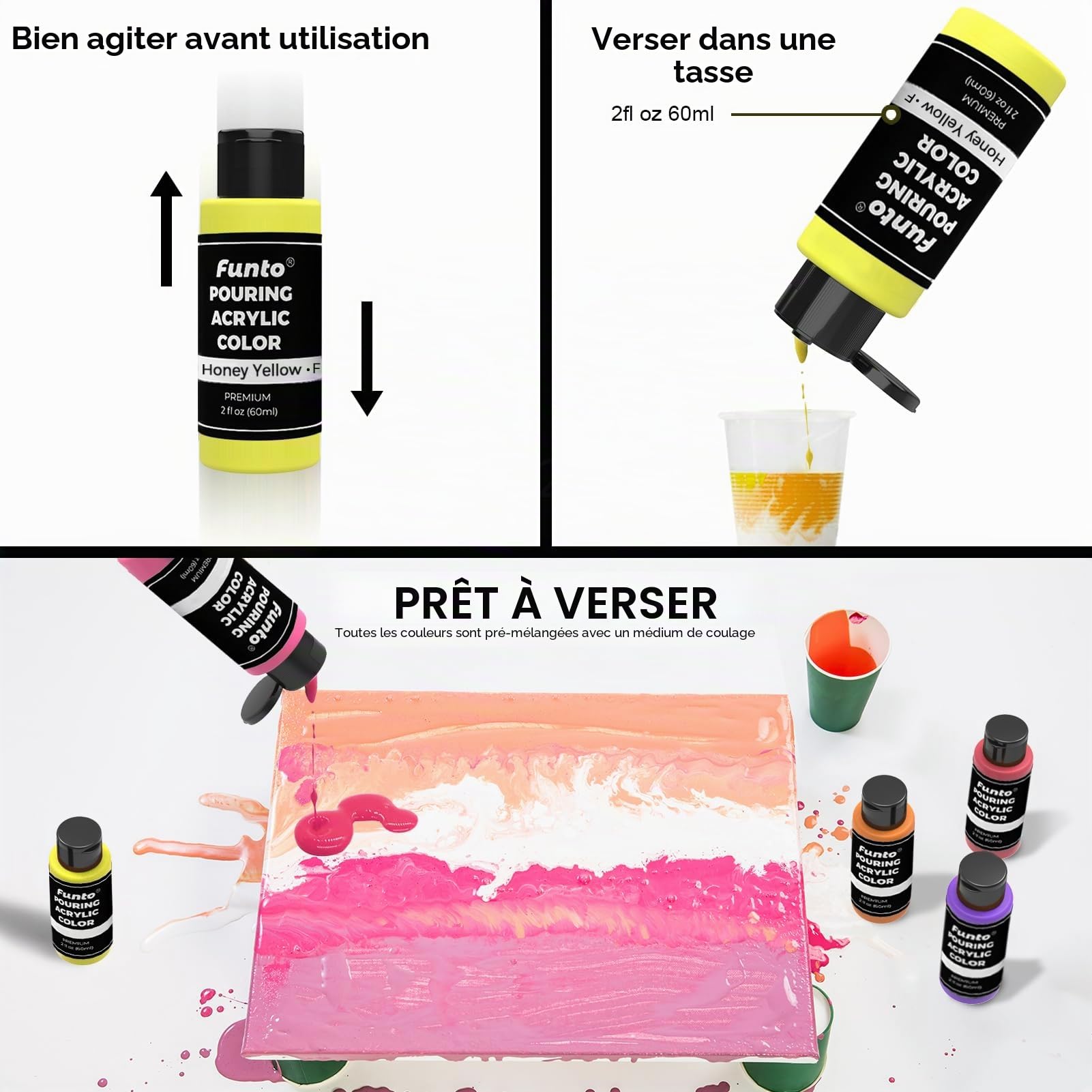 Funto Lot de 36 flacons de peinture acrylique de 60 ml, avec huile de silicone, couleurs assorties, peinture acryli, fournitures d'art pour verser sur toile, verre, bois, carrelage, rocher