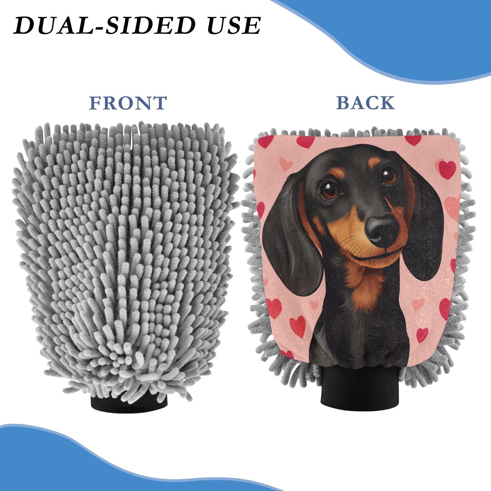 STAYTOP Cute Dachshund Dog Car Wash Mitt Microfiber, 2Pcs Scratch Free Lint-Free, Premium Chenille Microfiber Mitt Car Wash Brush-M
