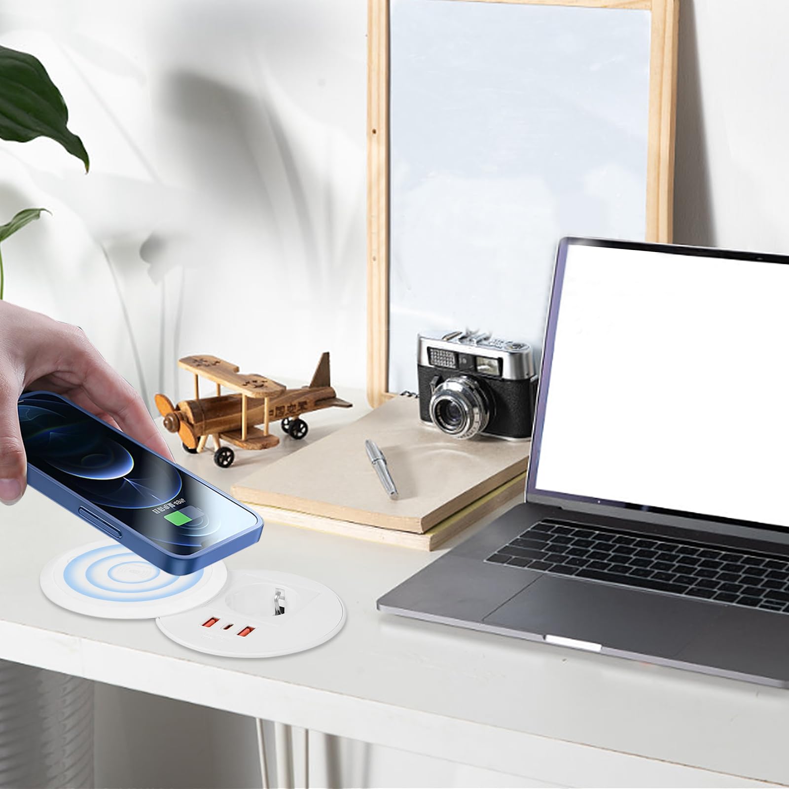 Presa da tavolo con USB C+USB A, presa da incasso, prolunga da incasso con cavo da 1,8 m, presa desktop, prese incassate, 1 tipo C, 2 USB A passaggio cavo, (Bianco con ricarica wireless)