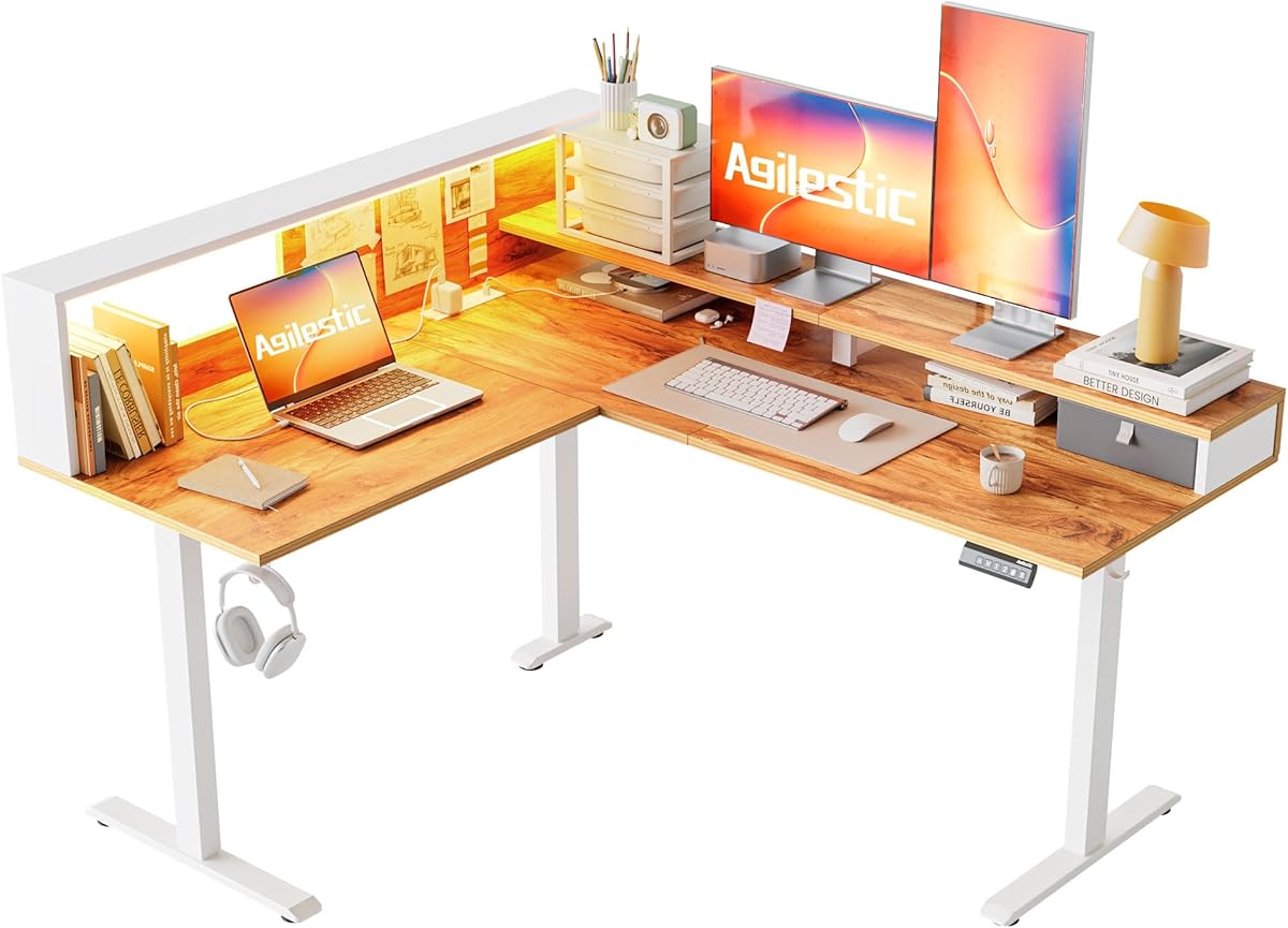 Agilestic L-förmiger Stehschreibtisch, 160 x 140 cm, Ergonomischer Höhenverstellbarer Schreibtisch mit Regalen, Eck-Stehschreibtisch, Sitz-Steh-Computertisch mit LED-Licht, Hellbraun