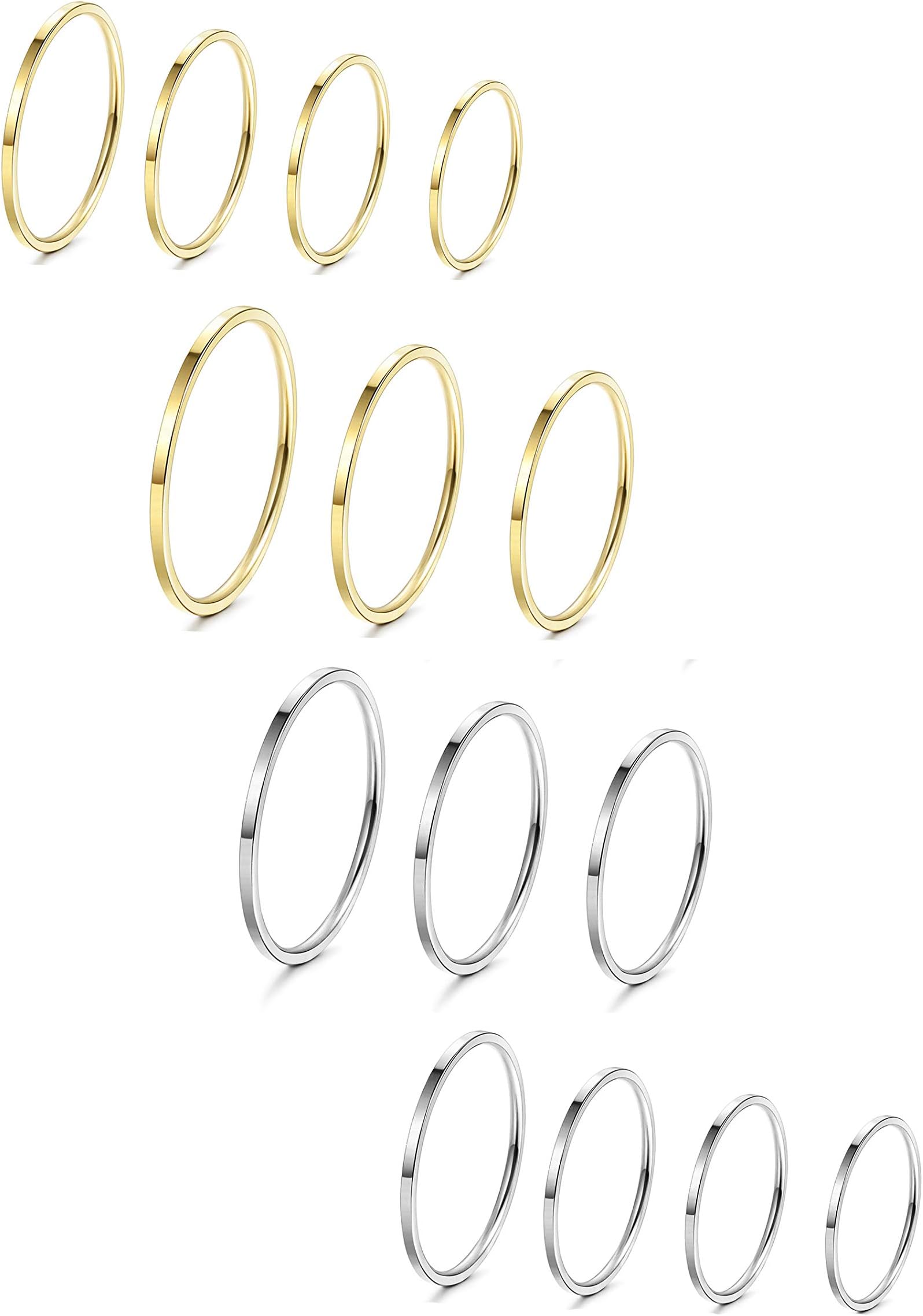 8-14Pcs 1mm Stainless Steel Women's Plain Band Knuckle Stacking Midi Rings Comfort Fit Silver/Gold/Rose Tone