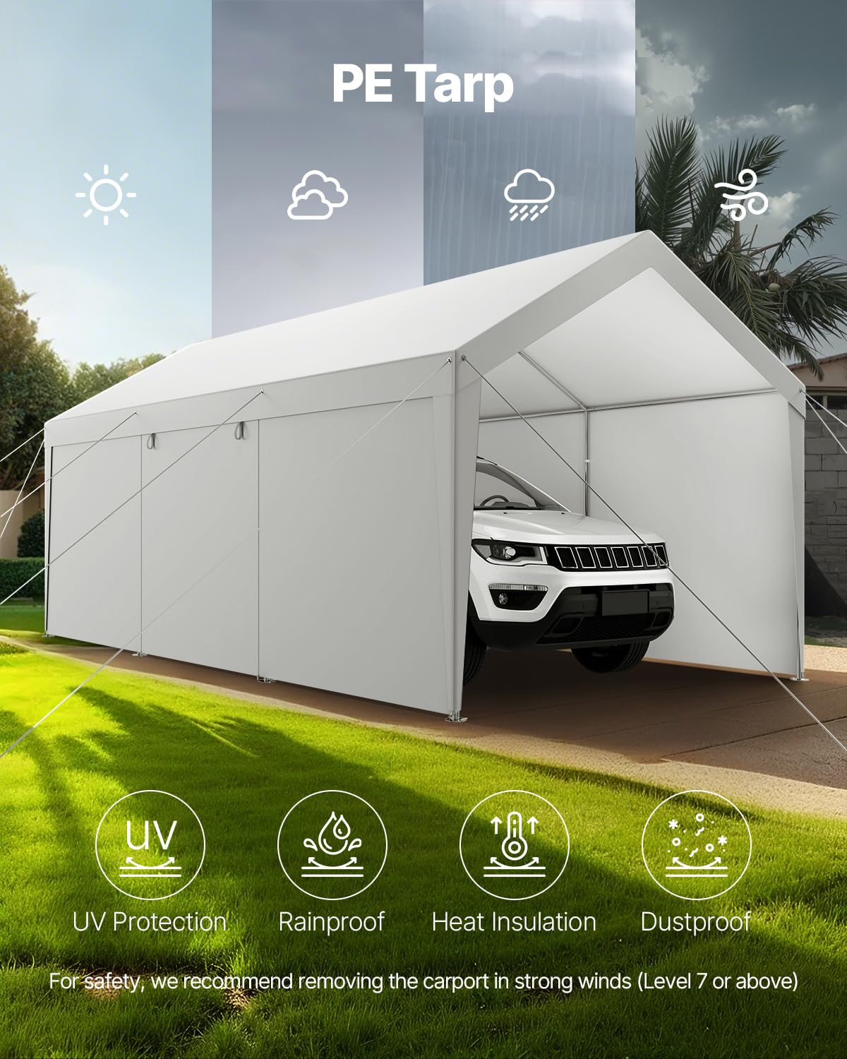 VEVOR Tente Garage, 3,65 x 6,09 m, Carport Abri de Voiture Extérieur avec Parois Latérales Amovibles et Portes, Résistant aux UV et à l'eau, Protection Toutes Saisons pour Automobile et Bateau, Blanc