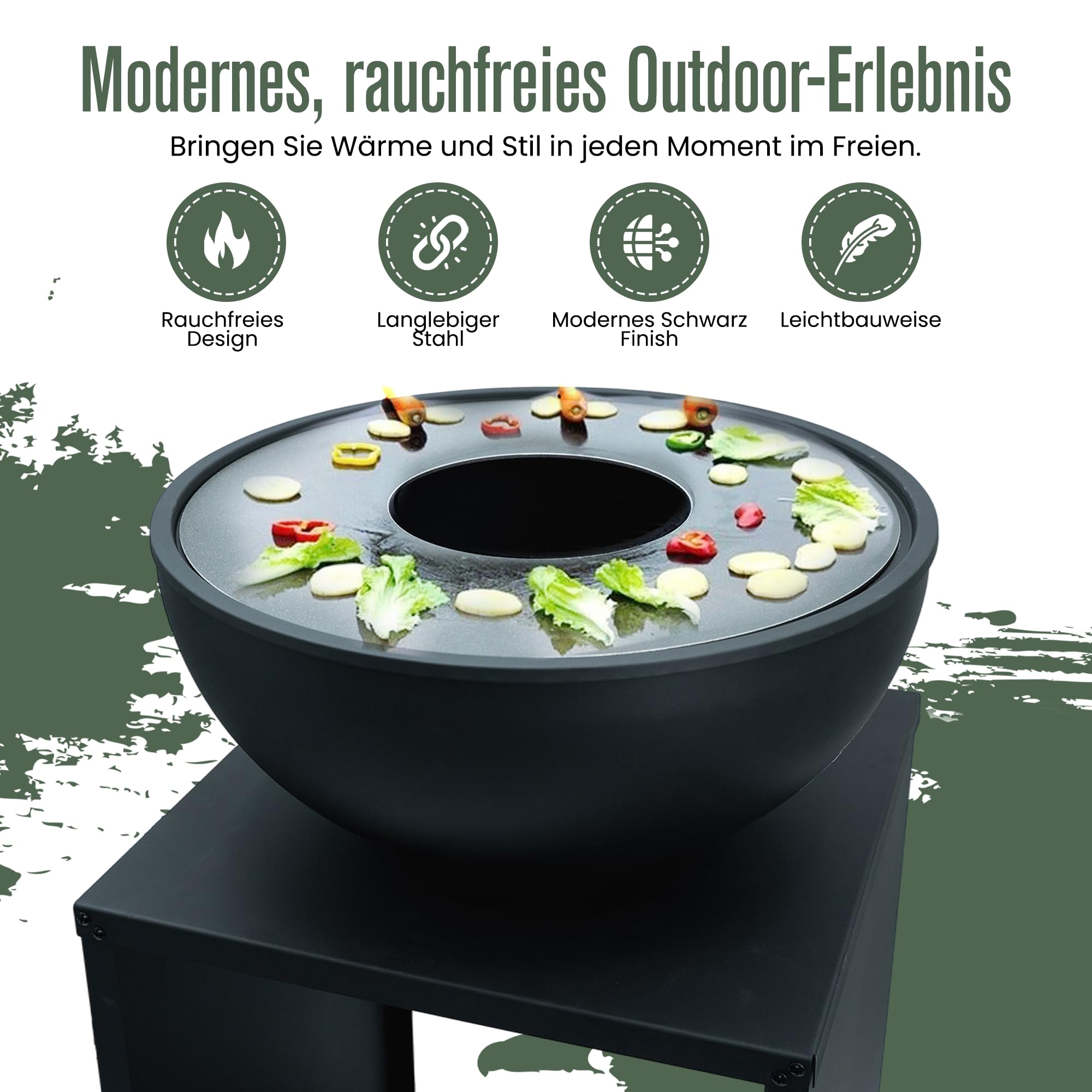 Feuerschale, Feuerstelle, 2 in 1, BBQ-Funktion, Raucharme Feuerkorb, Feuertonne, Holzofen, Deko Terrasse, Außenofen, Gartenkamin, Aufbewahrung, Firepit, Stahl, 58 × 58 × 85 cm, Edenflair