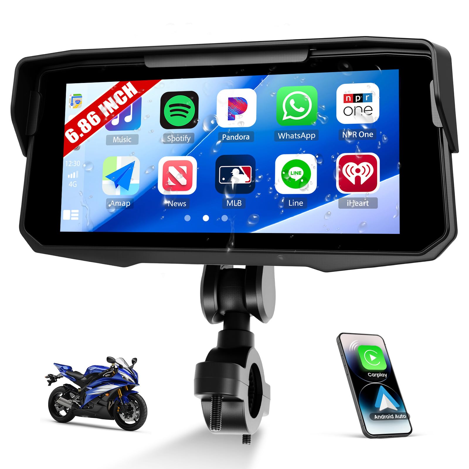 [2026] CAMECHO Wireless Carplay Pantalla de Motocicleta de 6.86 Pulgadas con Android Car IP68 Resistente al Agua, Navegador de Pantalla Táctil con Bluetooth Airplay Android Cast EQ Sound + 1280*480 HD