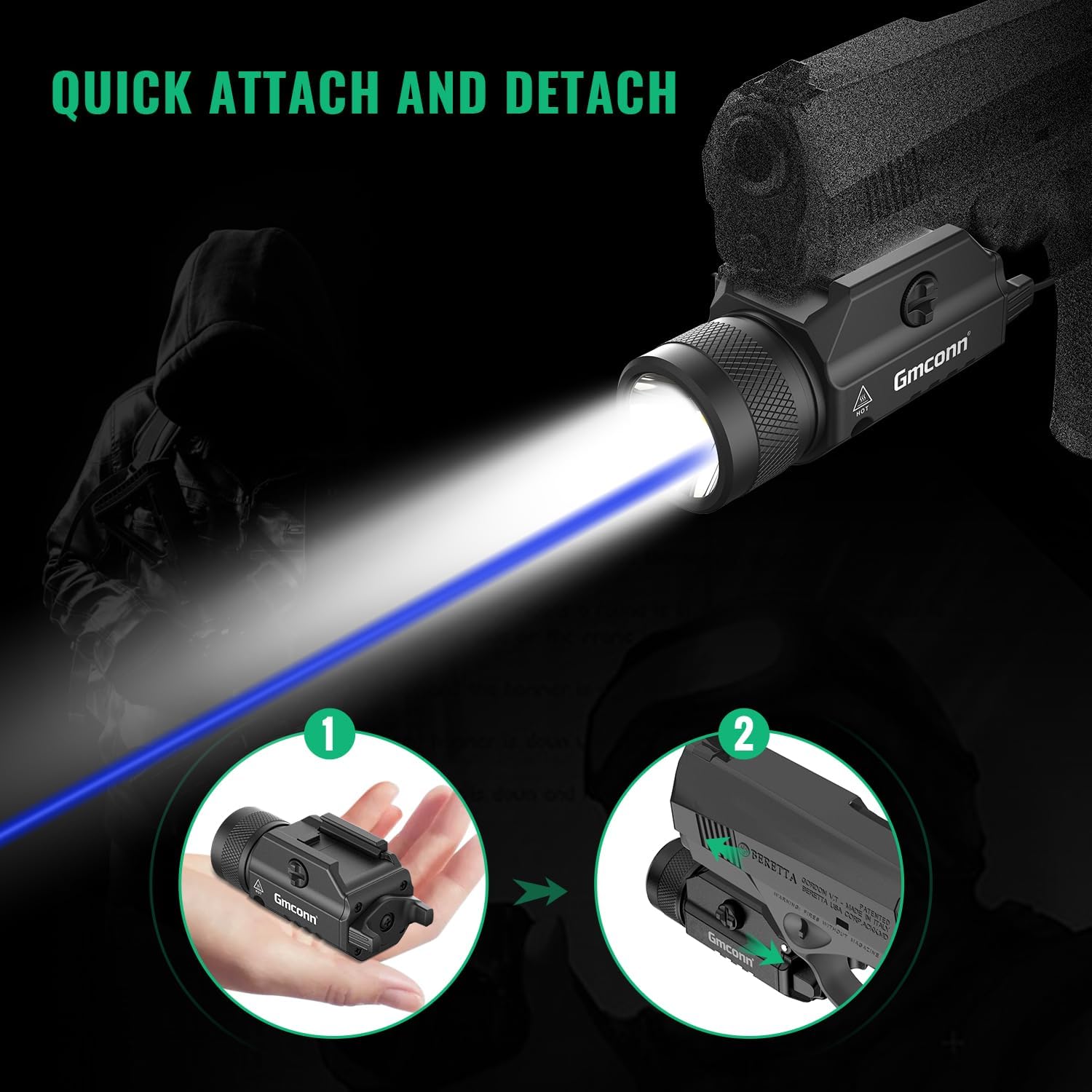 Gmconn 1250 Lumen Tactical Flashlight Green Blue Red Laser Light Combo, Rechargeable Pistol Light with Strobe/Momentary Compatible with Picatinny