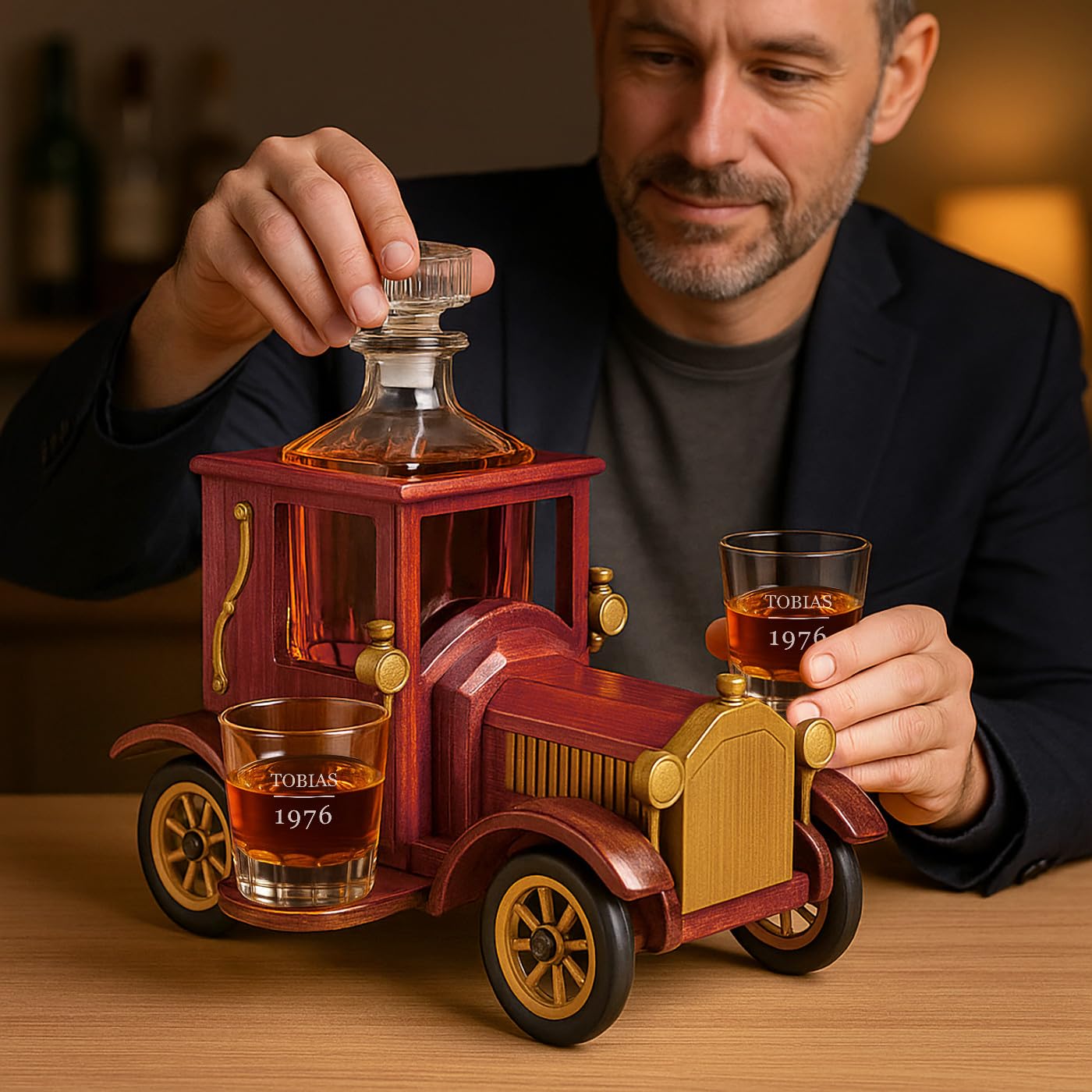 Maverton Vintage Auto Dekanter Set - 900 ml Karaffe & 2 personalisierte Whisky Gläser in Holzwagen - Whiskey Geschenkset - personalisierte Geschenke zum Geburtstag - Geschenke für Männer