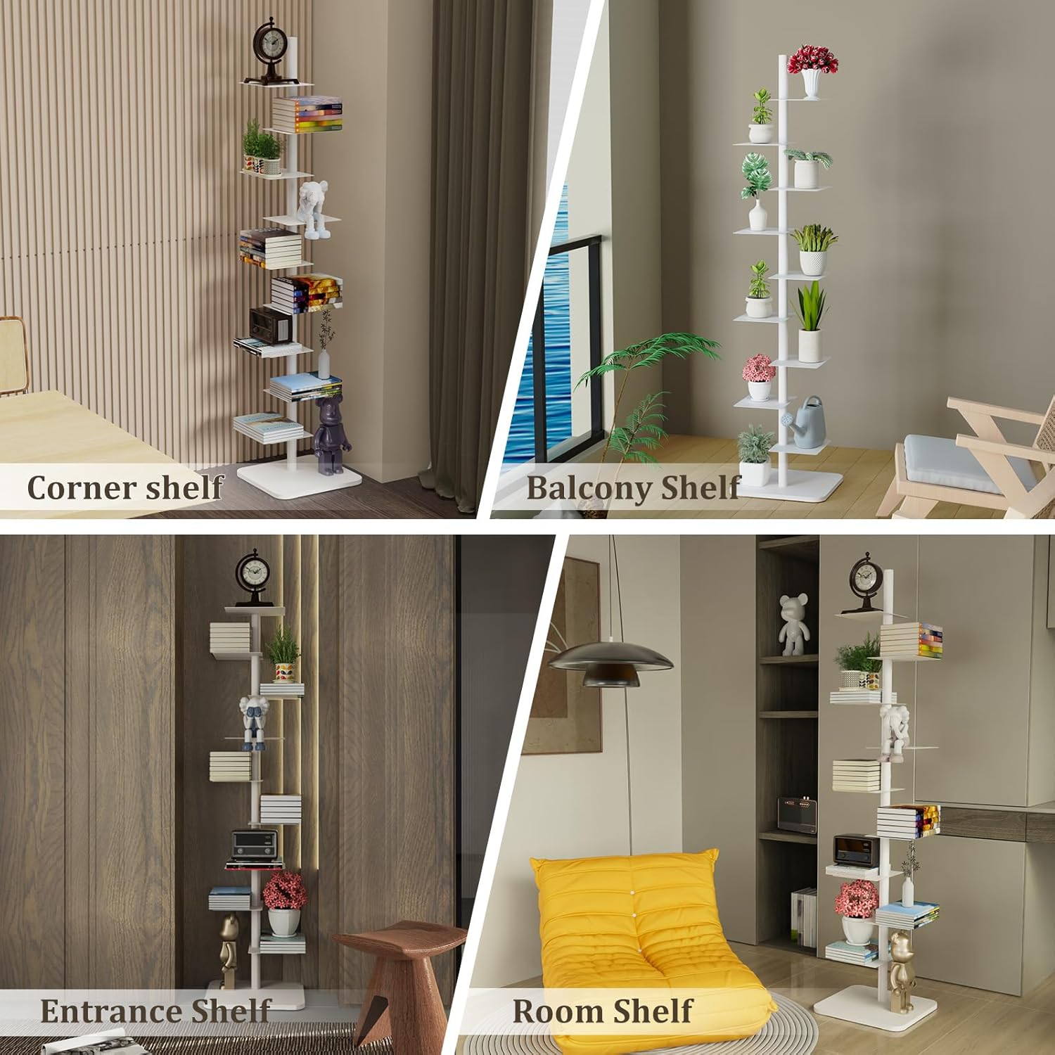 Nynelly 9-Tier Metal Spine Bookshelf - Heavy Duty Vertical Book Tower, White Open Bookcase, Floor Standing Tall Narrow Book Shelf for Small Space Living Room Office Decor, Industrial Book Organizer