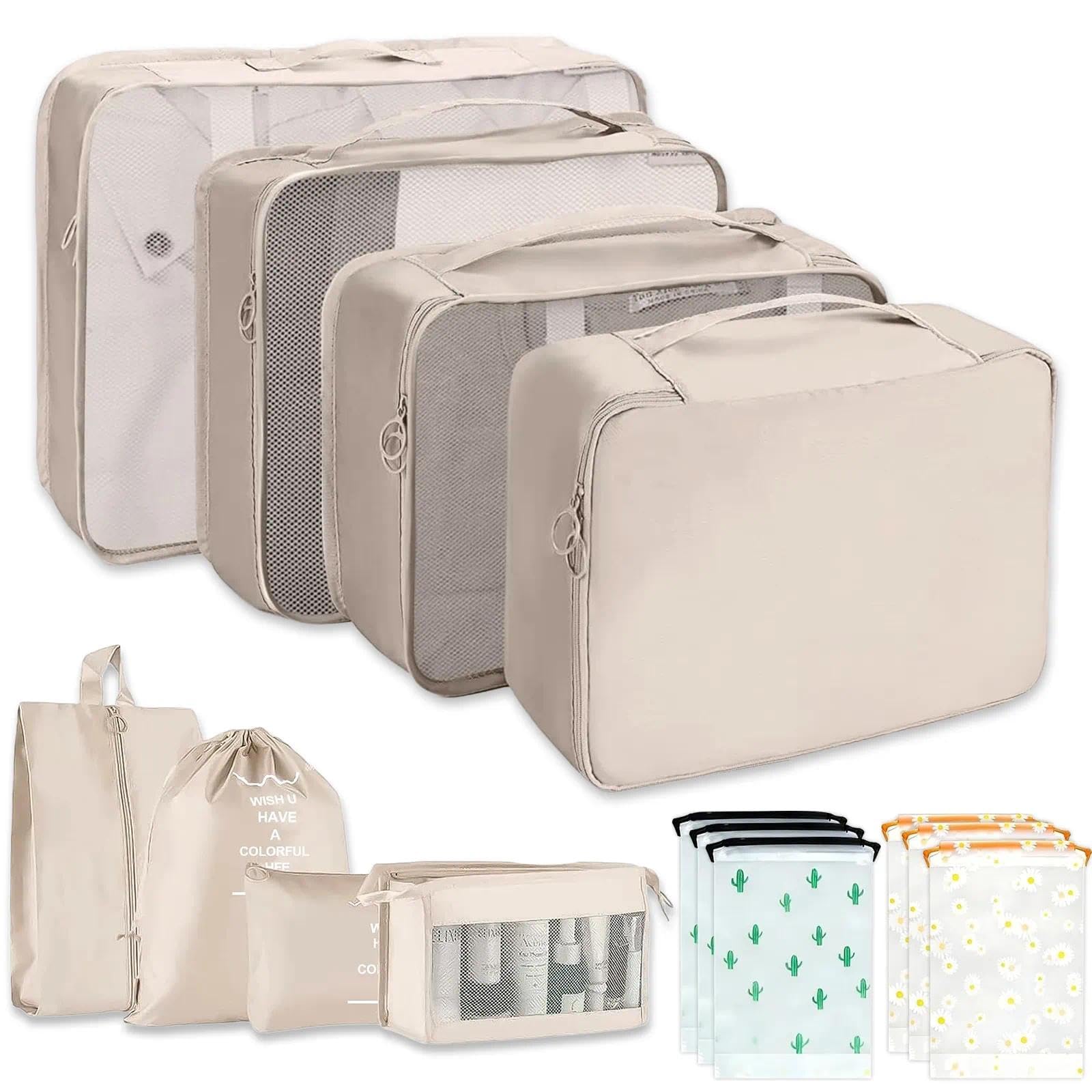 Lobaake Beige 14 Pcs Waterproof Packing Cubes Set, Packing Cubes Set