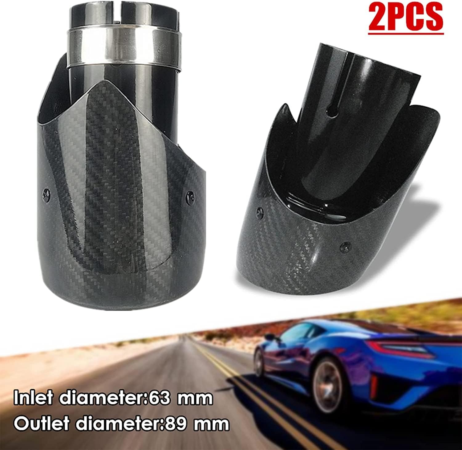 Vechkom Pair Inlet 63mm(2.5") Exhaust Tips Muffler Stainless Steel and Glossy Carbon Fiber Car Exhaust Tail End Pipe Throat Outlet 89mm(3.5") Left and Right