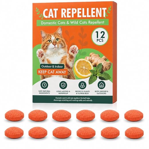 Cat Repellent Balls 12 Pack, Cat Deterrent for Indoor & Outdoor Use, Gardens, Lawns, Flower Beds, Patios & Yards, Plant-Based Essential Oil Formula, Long-Lasting Rainproof