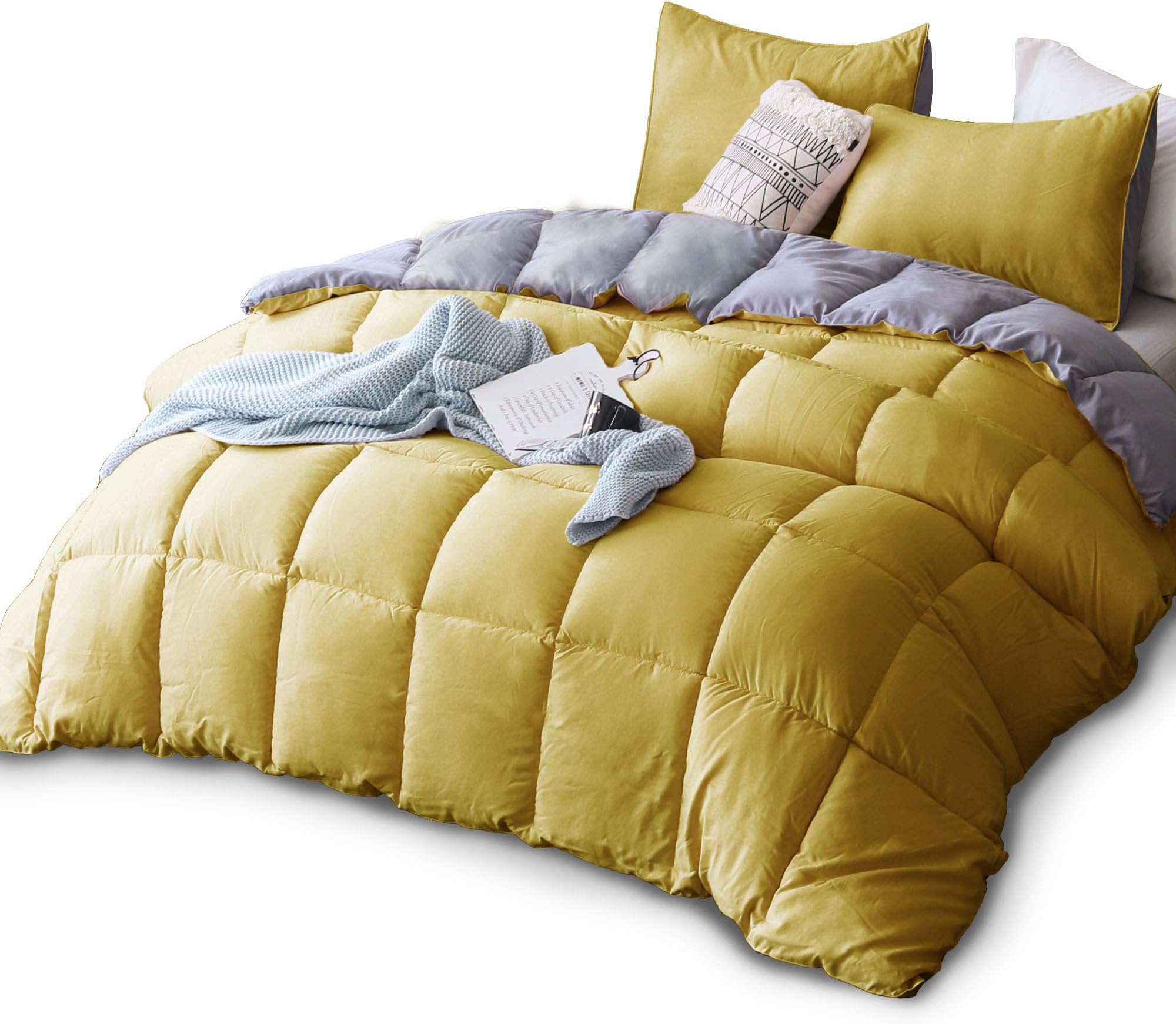 KASENTEX Dual-sided Yellow and Grey Comforter Set, 2 Pieces Lightweight Teen Solid Bedding Set & Collections, All Season Fluffy Bed Set (68x88in Comforter & 1 Pillowcase)
