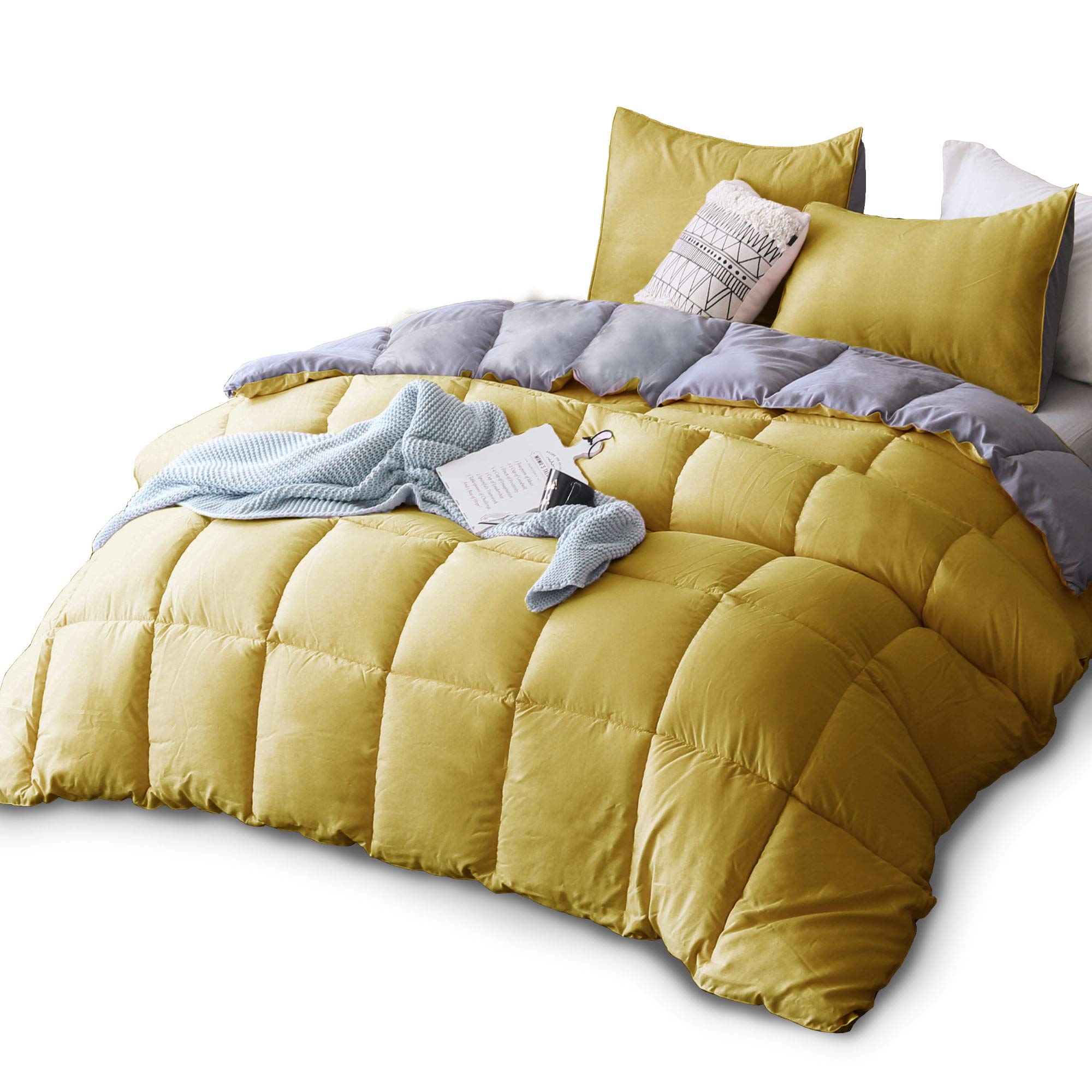 KASENTEX Dual-sided Yellow and Grey Comforter Set, 2 Pieces Lightweight Teen Solid Bedding Set & Collections, All Season Fluffy Bed Set (68x88in Comforter & 1 Pillowcase)