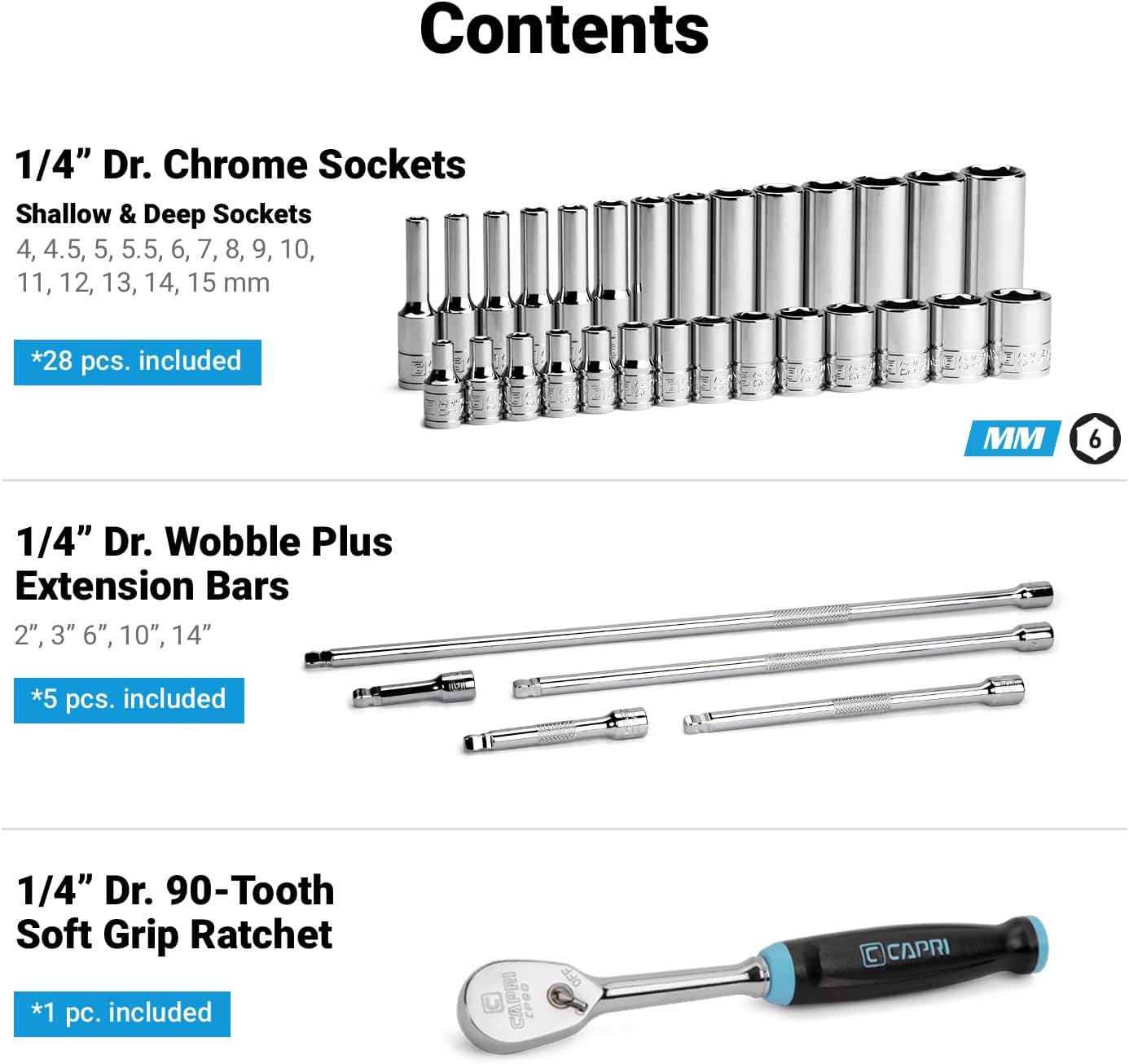 Capri Tools 1/4 in. Drive Master 6-Point Chrome Socket Set, 4 to 15 mm, with Extension and 90-Tooth Soft Grip Ratchet, 34-Piece, Metric