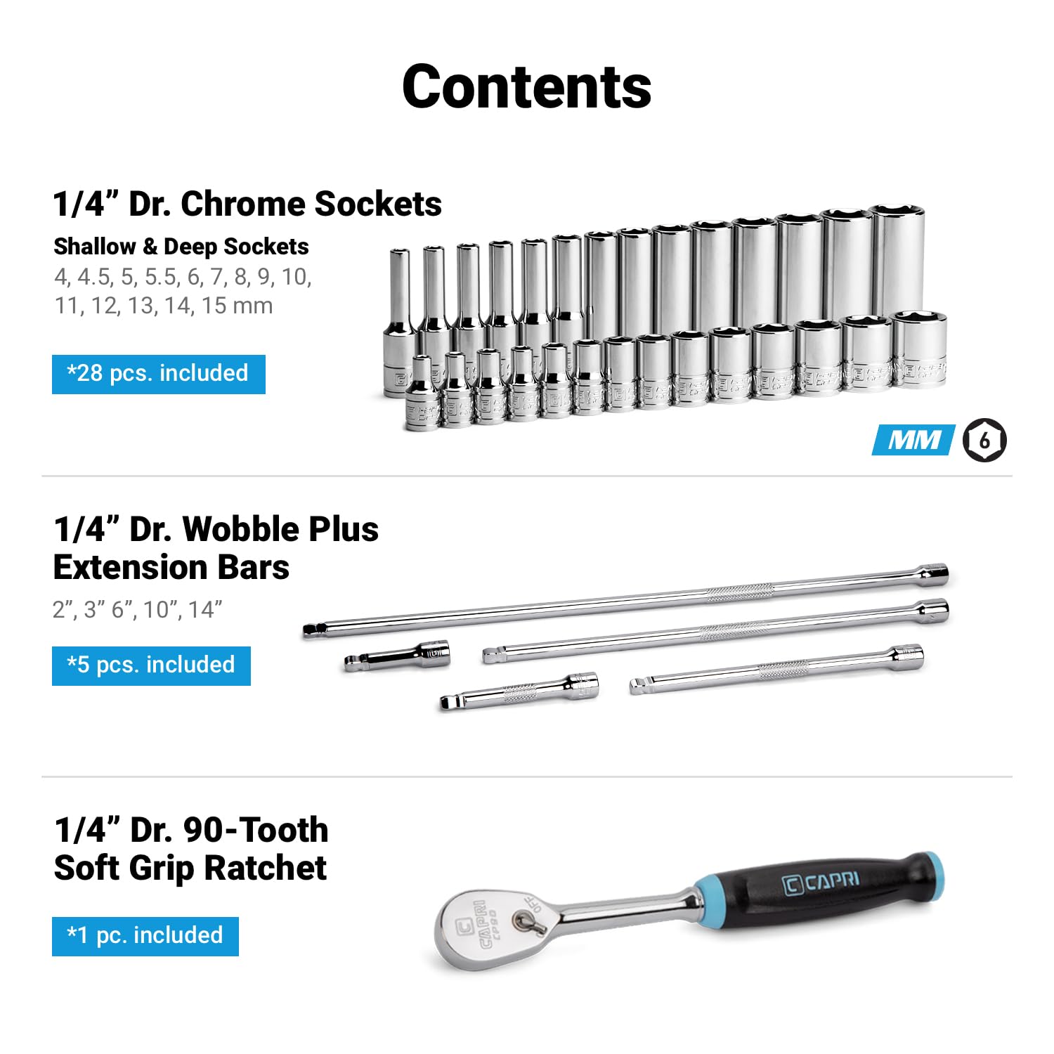 Capri Tools 1/4 in. Drive Master 6-Point Chrome Socket Set, 4 to 15 mm, with Extension and 90-Tooth Soft Grip Ratchet, 34-Piece, Metric