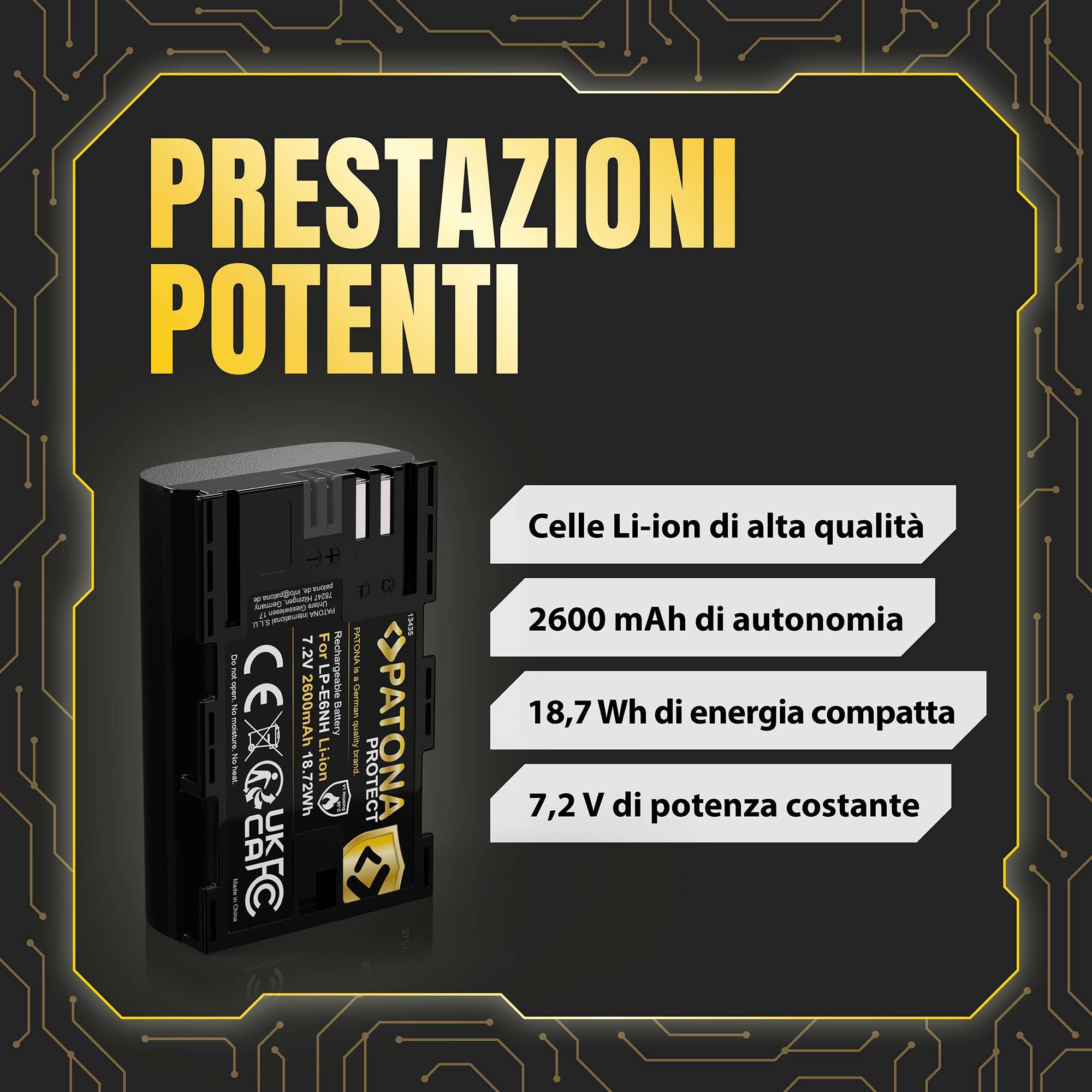 PATONA Protect Batteria LP-E6NH 2600mAh – ricambio per Canon LP-E6 LP-E6N LP-E6NH – compatibile con EOS R5 R6 R6II R7 5D III/IV 6D 7D 90D – sensore NTC e guscio V1 ignifugo