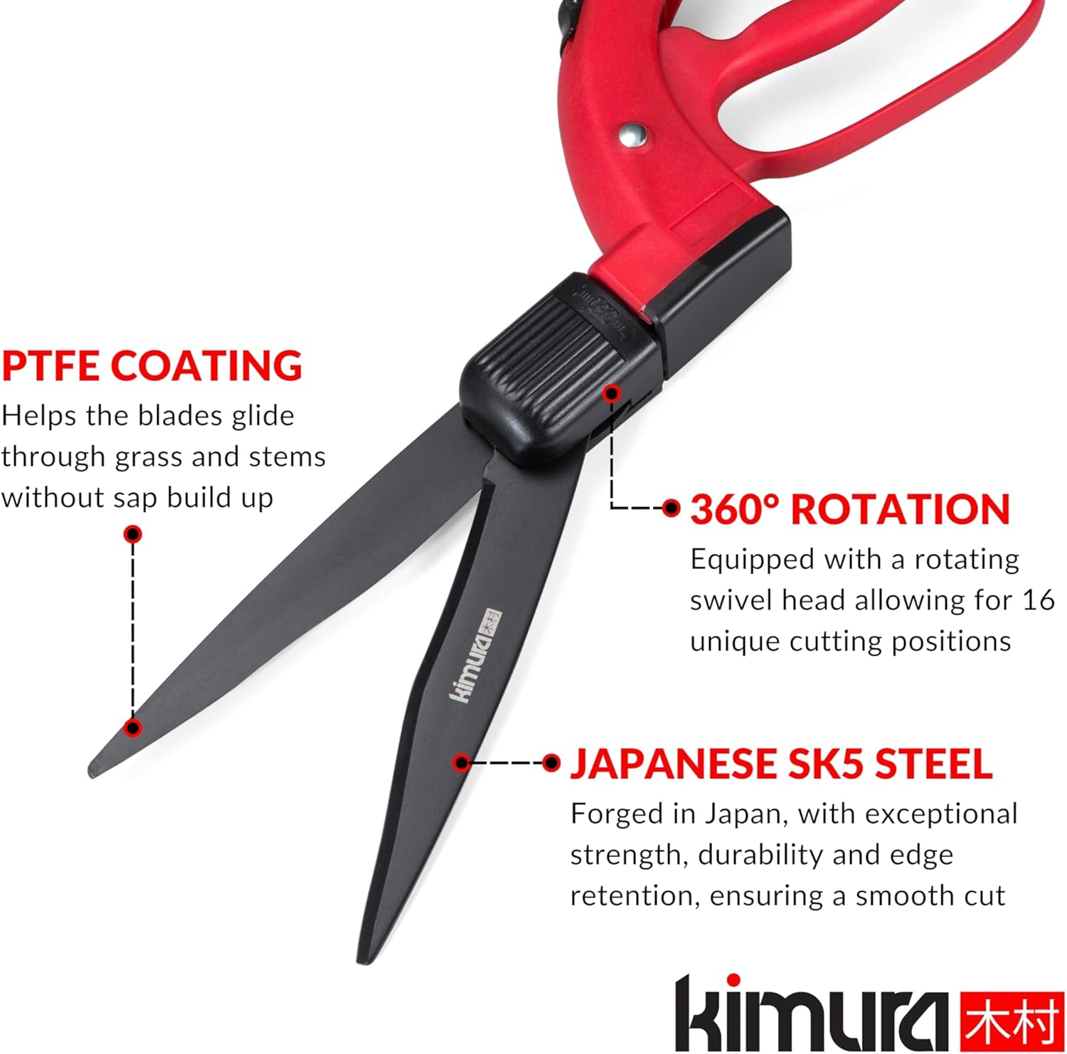 Kimura® Pro Grass Shears - Premium Lawn Shears with 360° Rotating Head, Japanese SK5 Steel Blades, Lightweight, Ergonomic TPR Coated Handles, Garden Shears for Edging and Trimming - 15" Grass Clippers - Image 2
