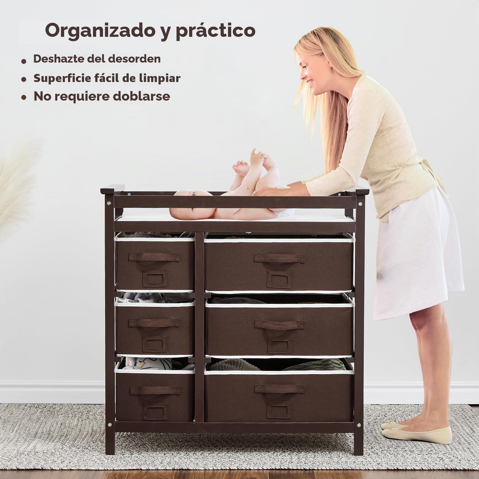 GarveeHome Cambiador de pañales moderno de madera con 6 cajones - Colchoneta incluida - Almacenamiento amplio y multifuncional - Ideal para recién nacidos y guardería - Color marrón