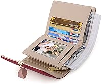 Vista 35 de UTO - Cartera pequeña RFID de piel sintética con dije de hoja, cierre de cremallera y tarjetero.