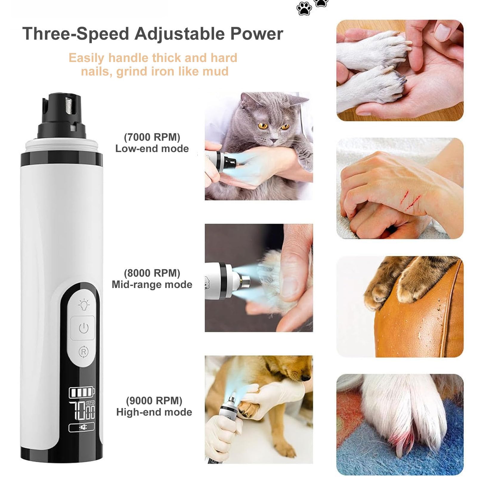 Ayland Silent Groom Pro Nail Grinder, 2025 New Nail Grinder for Dogs and Cats with LED Light & 3 Speeds, 2000mAh USB Rechargeable Dog Nail Trimmer for Thick Nails (1pc+2 Heads) - image 2