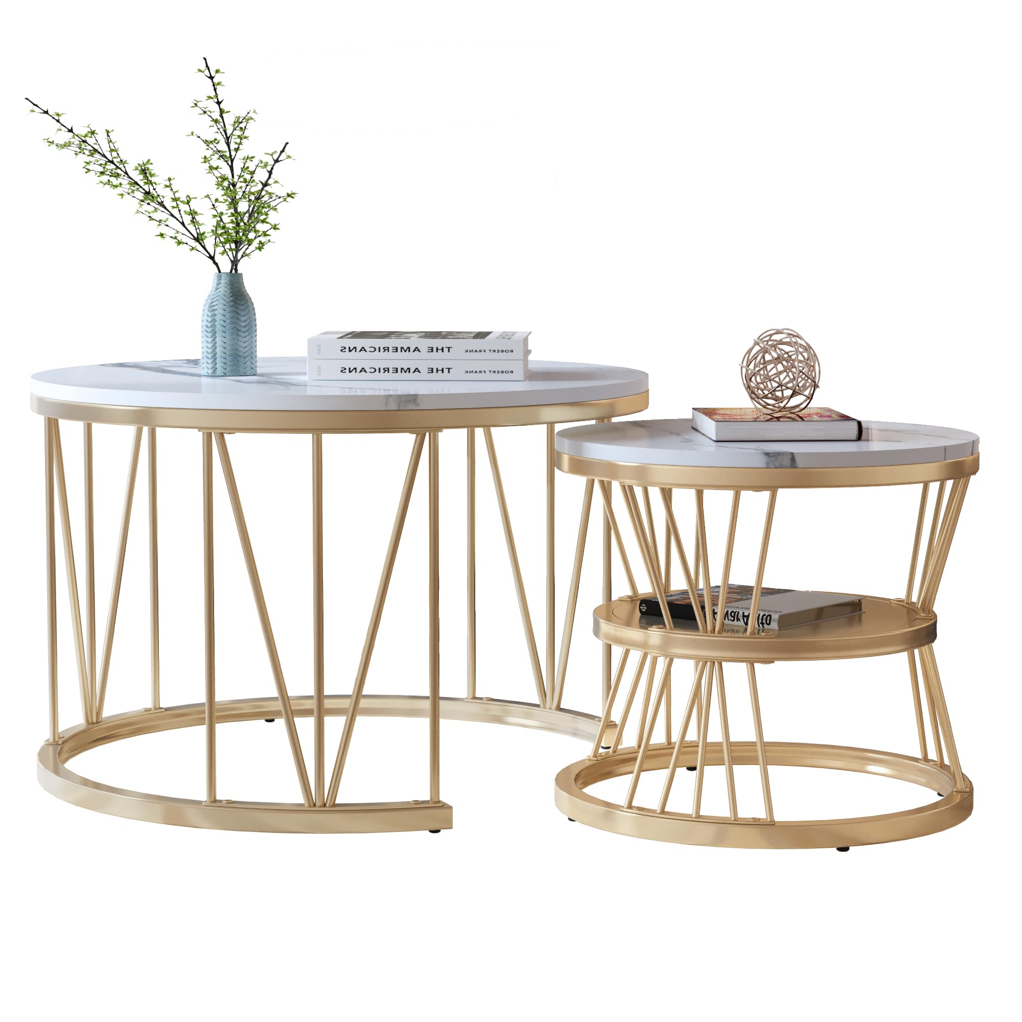 Couchtisch Rund 2er Set, Marmoriert Couchtisch, Sofa Tisch,Beistelltisch mit Metallrahmen,Moderne Kaffeetische Satztische für Wohnzimmer Schlafzimmer (Golden-021)