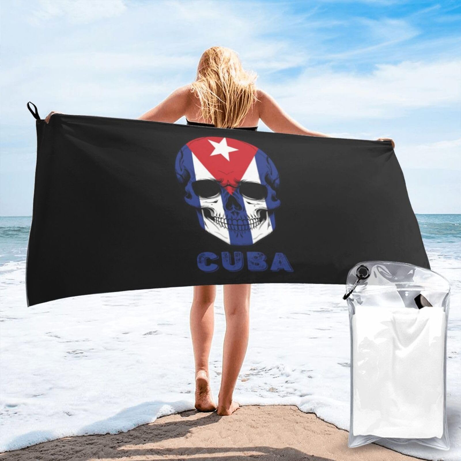 HACXZ Skull Cuba Flag Lightweight Absorbent Beach Towel Microfiber Beach Towel 31.5"X63"