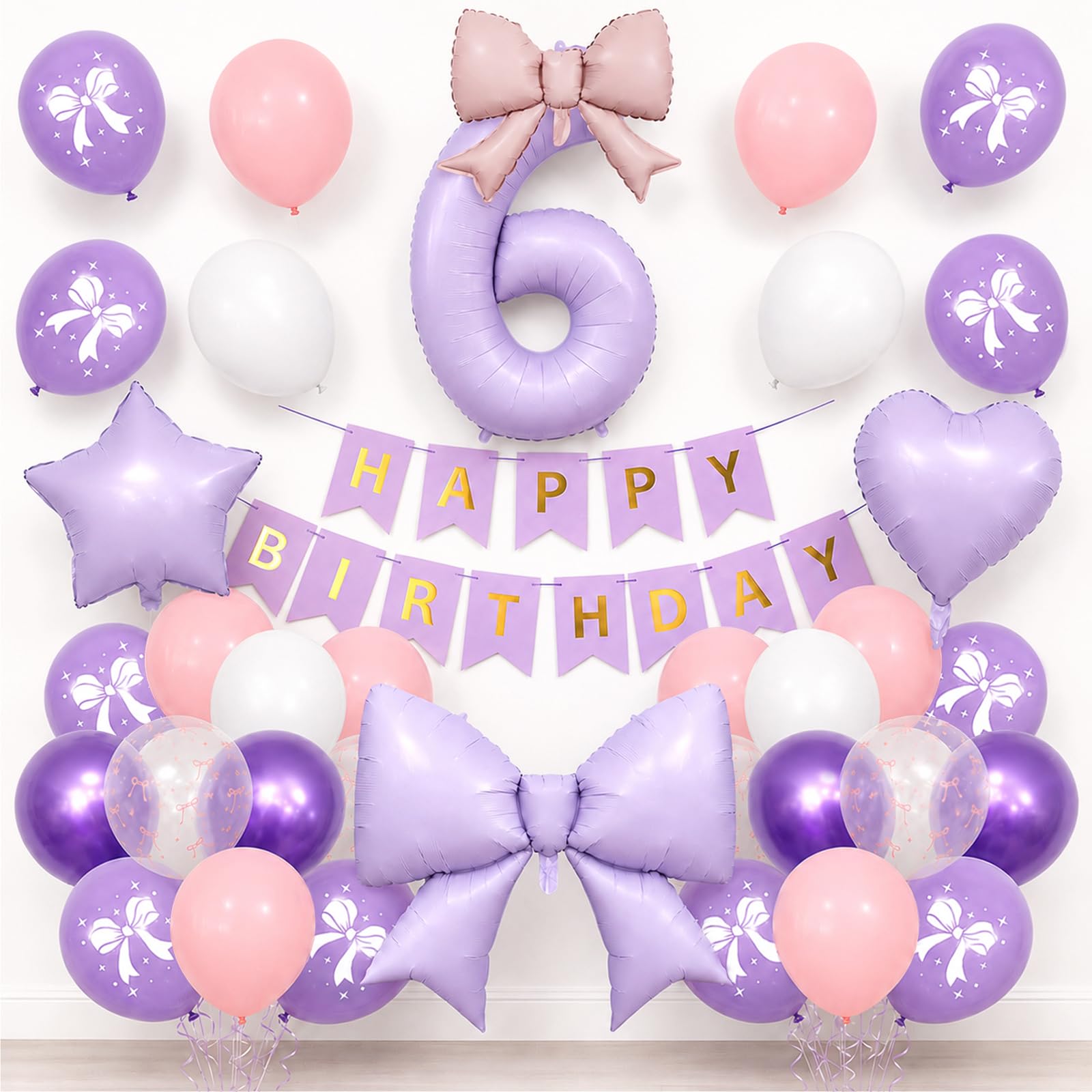 6th Birthday Decorations Girls Purple Bow Balloon Set with 40 Inch Number 6