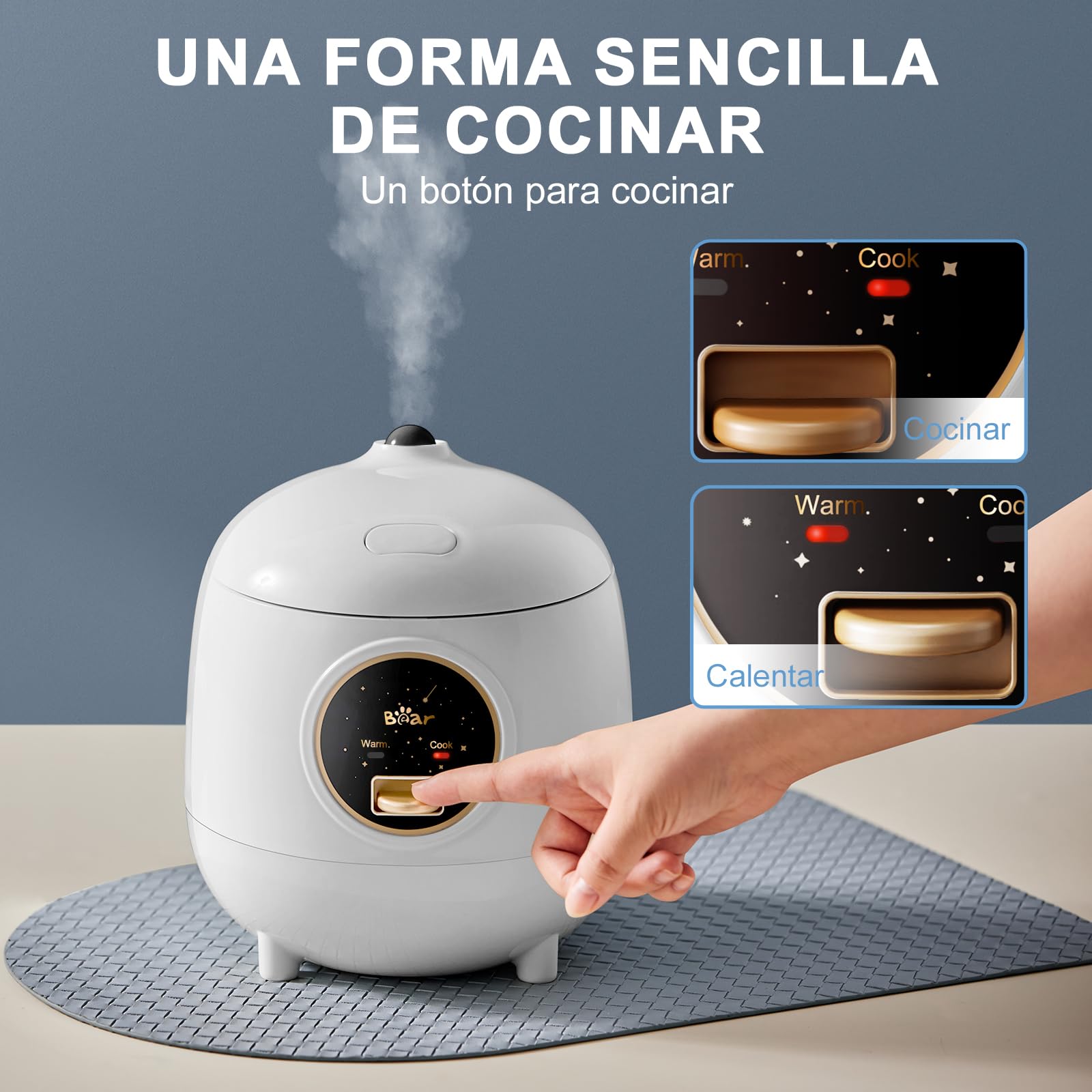 Bear Arrocera 2 tazas sin cocer, 1.2L Arrocera pequeña con recubrimiento antiadherente, sin BPA, Mini arrocera portátil, un botón para cocinar y mantener caliente, blanco