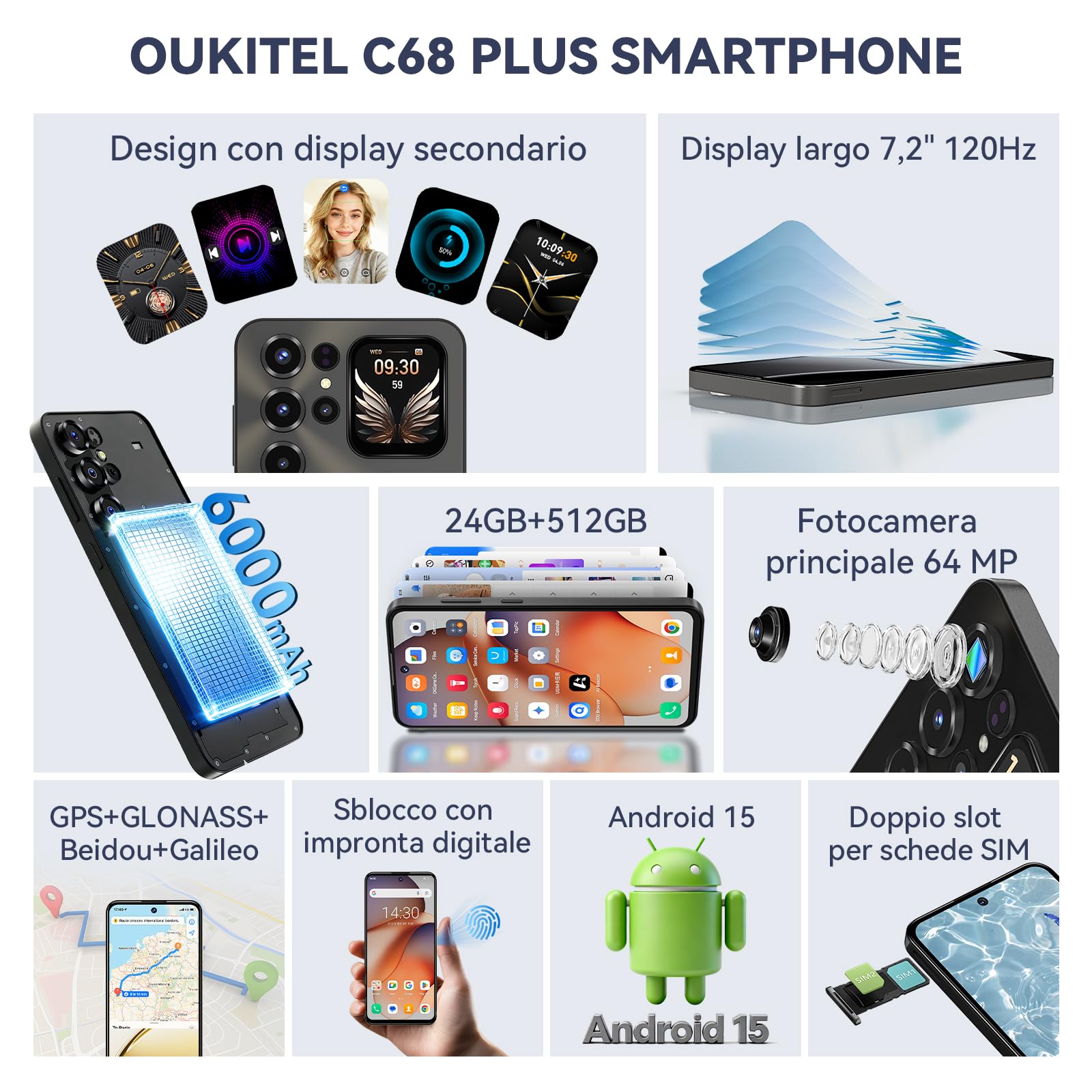 OUKITEL C68 Plus Smartphone Android 15, 24(8+16) GB+512GB/1TB, 7.2''HD with 1.8" Sub Display +120Hz Telefono Cellulare, 64MP, 6000mAh,Octa Core/NFC/Dual SIM/Face ID/Sblocco Impronte Digitali/GPS/OTG