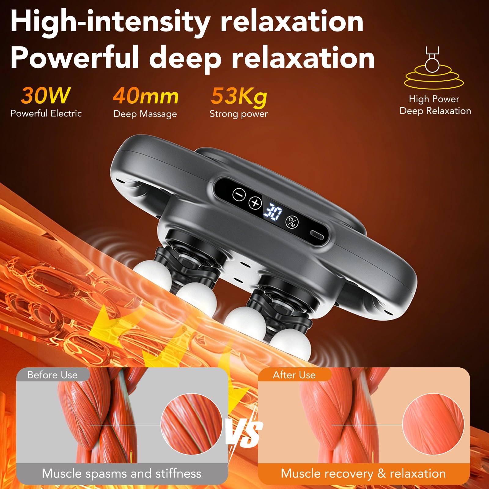 Pistola de Masaje Muscular de 16 Cabezales, Masajeador Cervical y Espalda, 3 Modos y 30 Velocidades, Capacidad de 2000mAh, Alivia la Fatiga Muscular, Masajeador de Percusión para Pies Cuello Piernas - 3