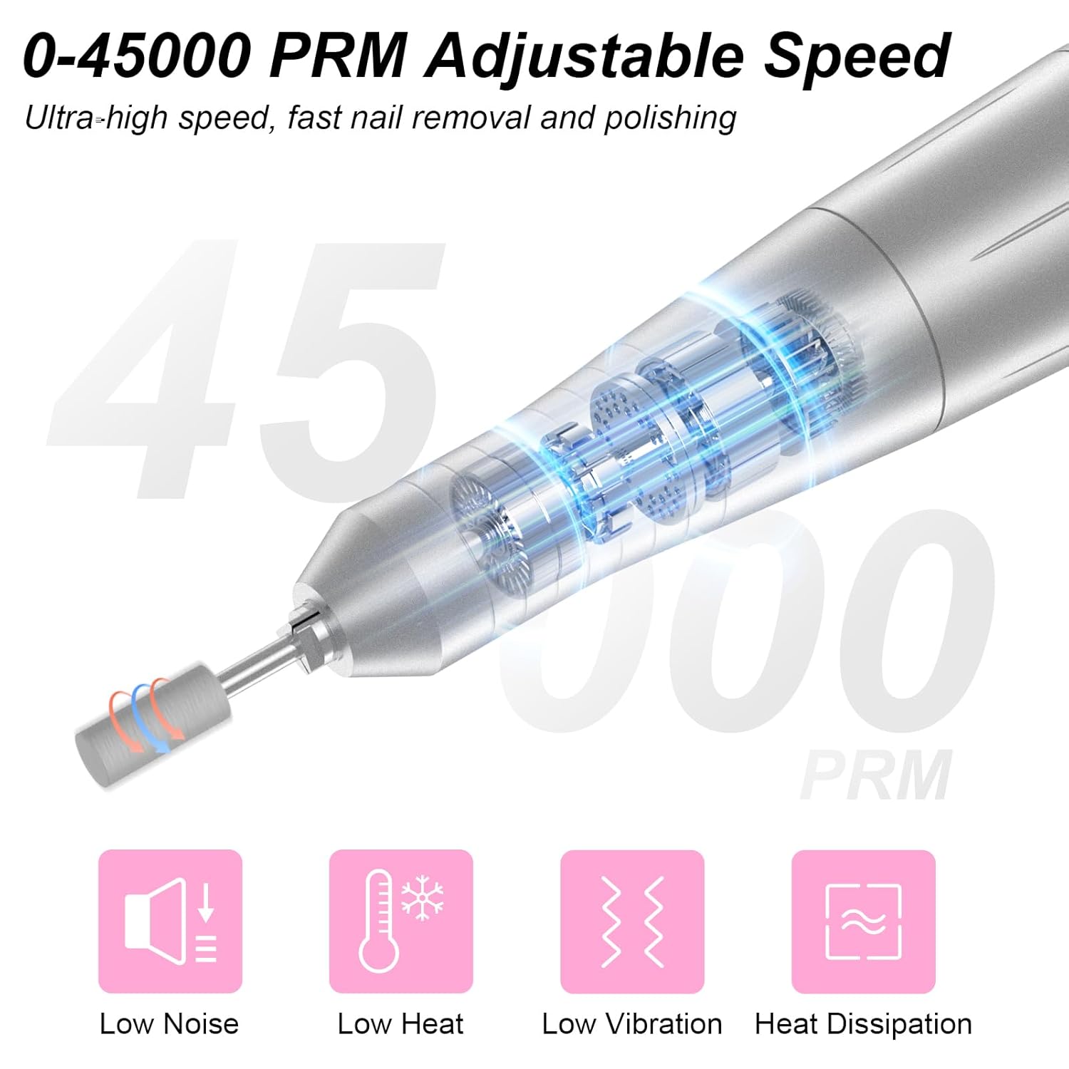 Close-up of the nail drill handpiece showing internal mechanism and 45000 RPM capability
