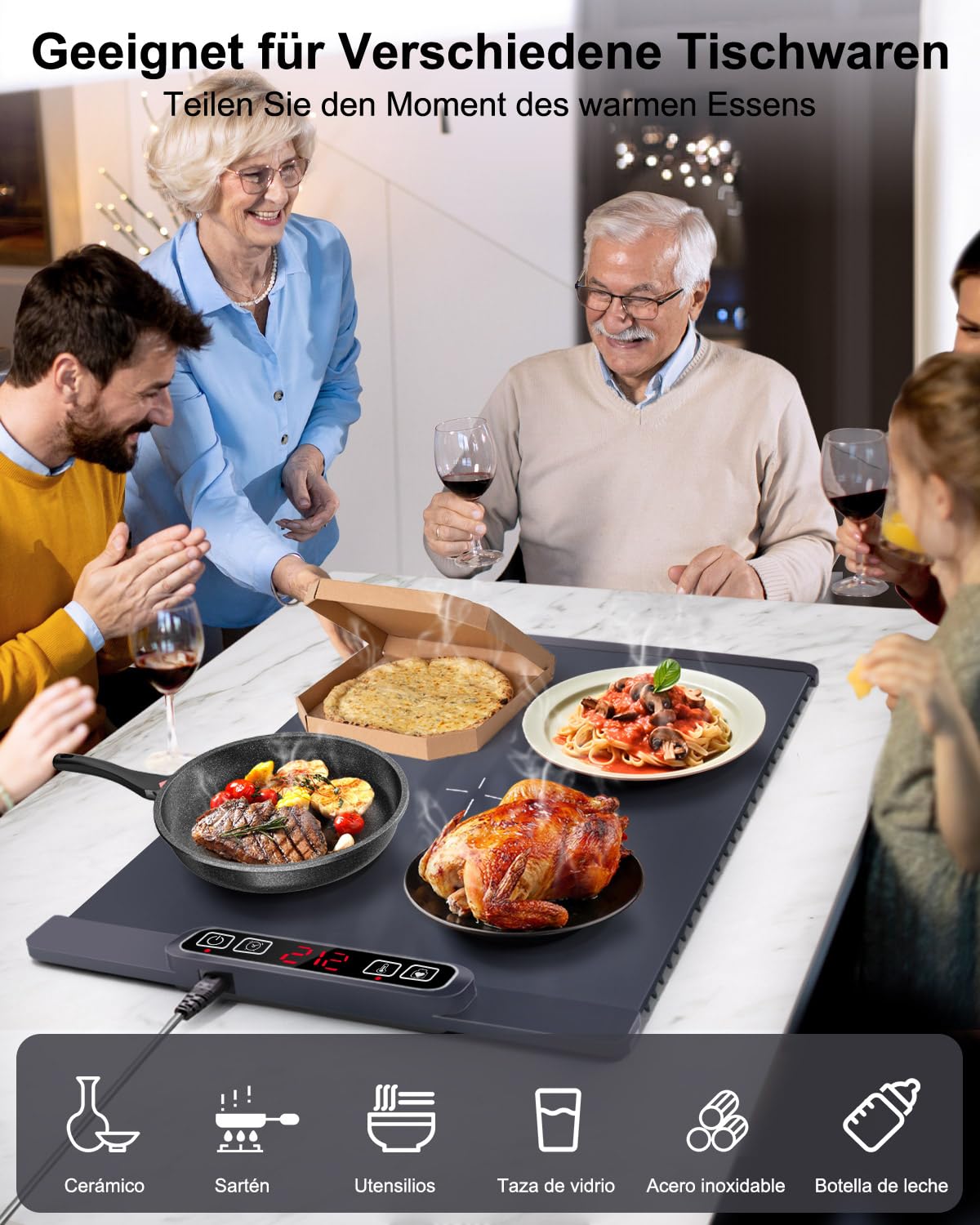 AUTOPkio Bandeja de Calentamiento Eléctrico, Calienta Platos Calentar Alimentos 300W 5 Temperatura & 4 Temporizadores Auto-Apago, Cerradura Niños para Buffets, Fiesta, Descongelado, Hogar